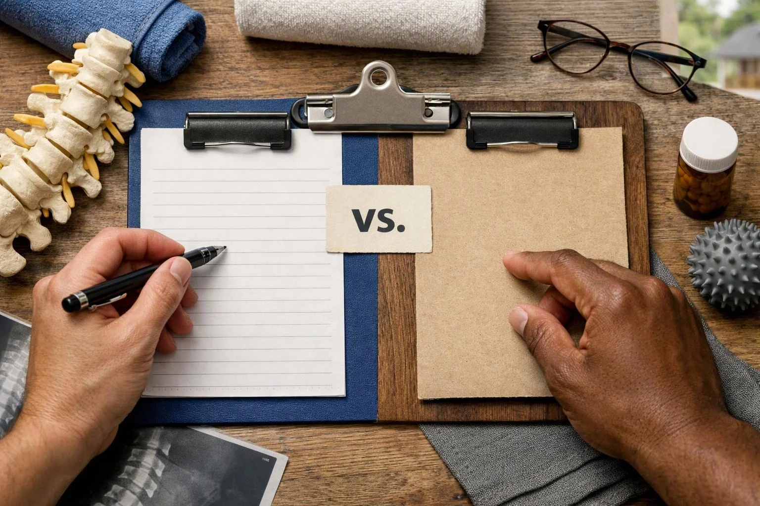 Two hands face a clipboard split between lined paper and blank paper, with a “vs.” card in the center