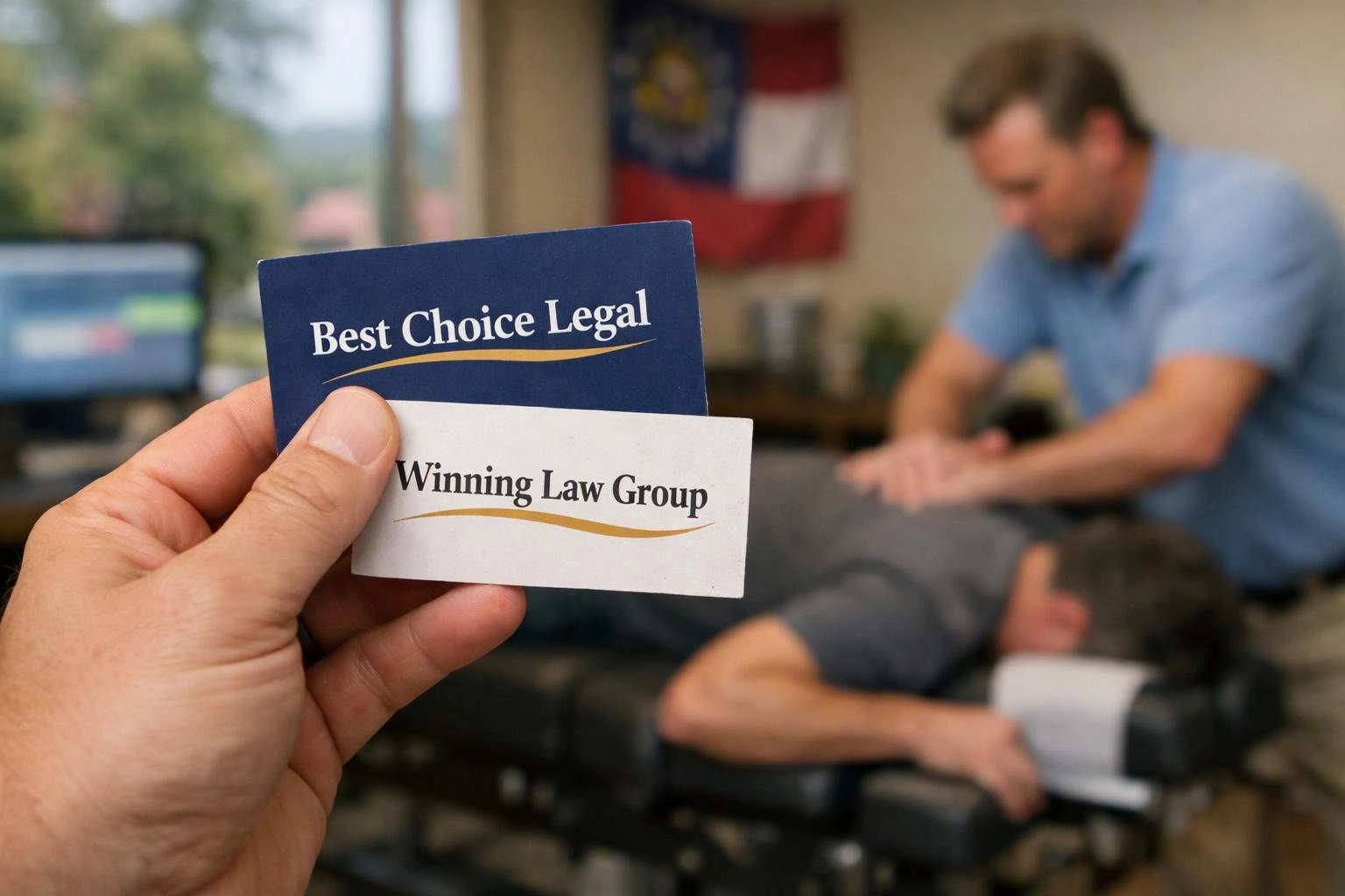 A hand holds two business cards while a blurred man treats another person on a massage table in an office