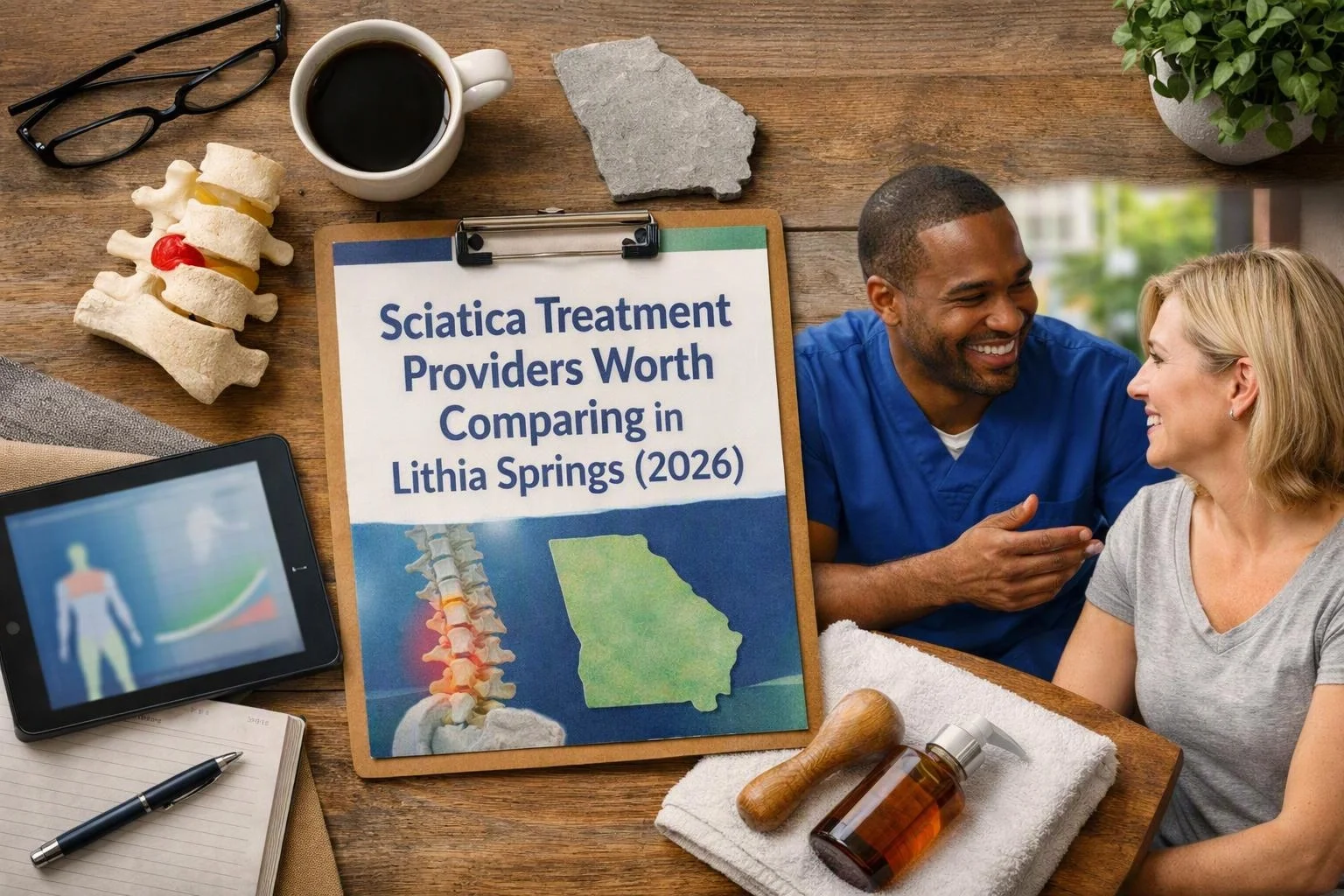 Overhead tabletop flat-lay still life representing sciatica treatment providers