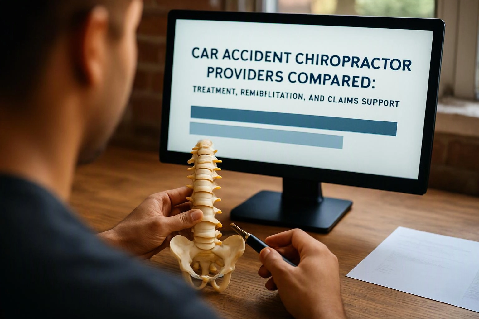 A person studies a spine model at a desk while a monitor shows car accident chiropractor comparison text