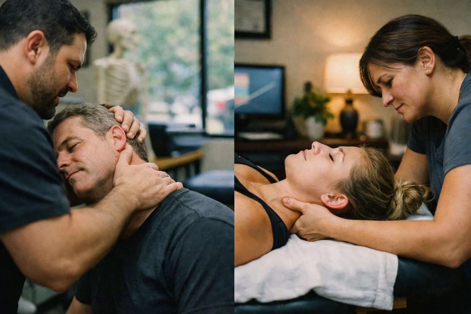 Two massage therapists gently stretch a man’s neck on the left and a woman’s neck on the right in a calm clinic room