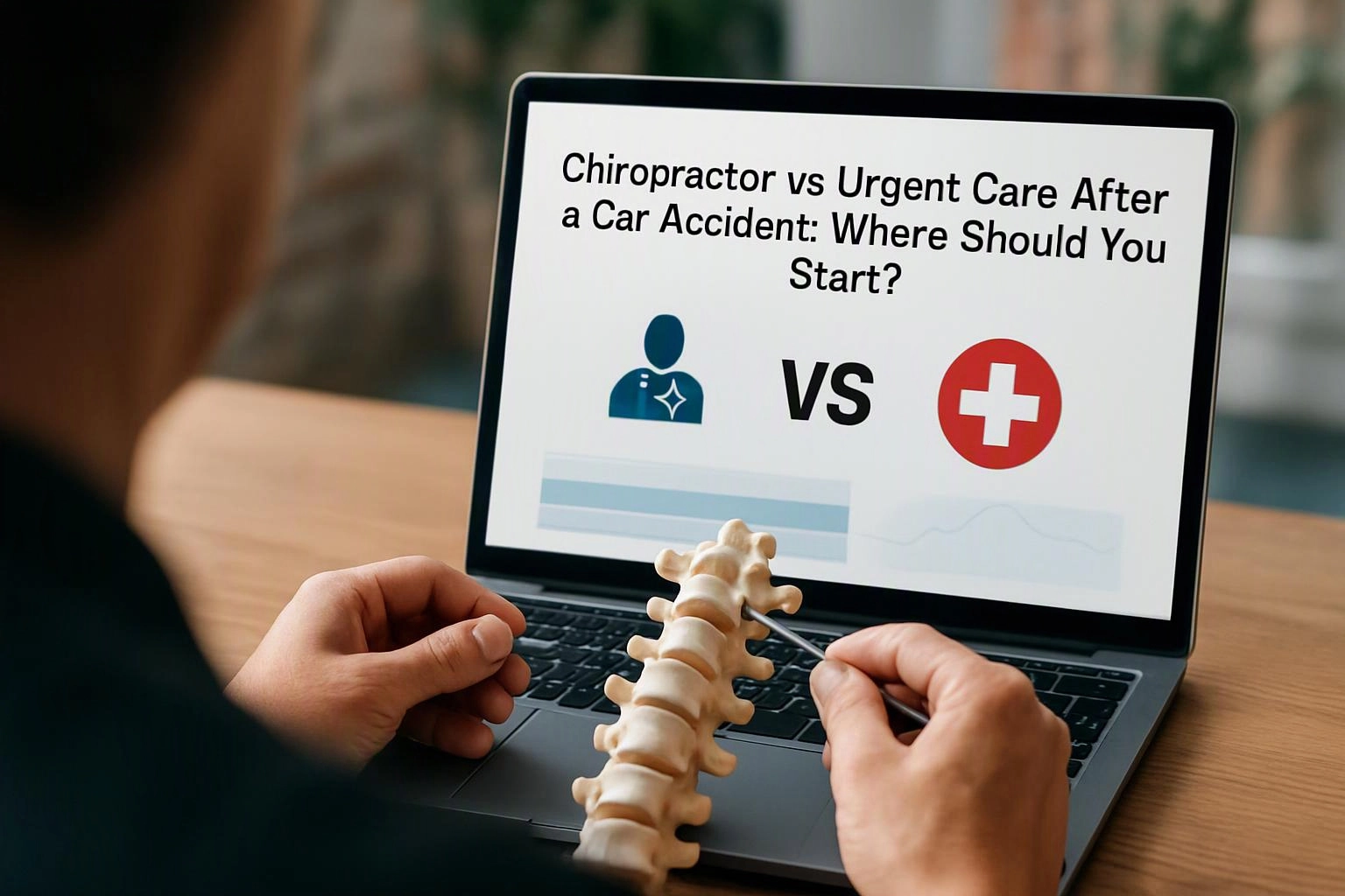 Hands point at a spine model beside a laptop showing a chiropractic versus urgent care article title