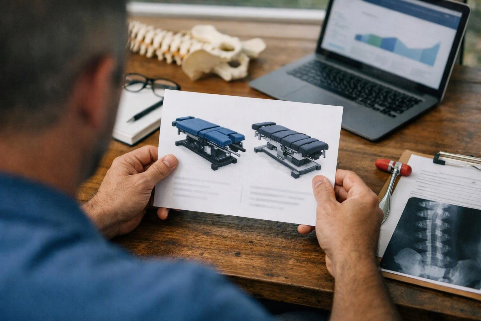 A person in a blue shirt studies a brochure with medical tables beside a laptop and spine x-rays on a desk