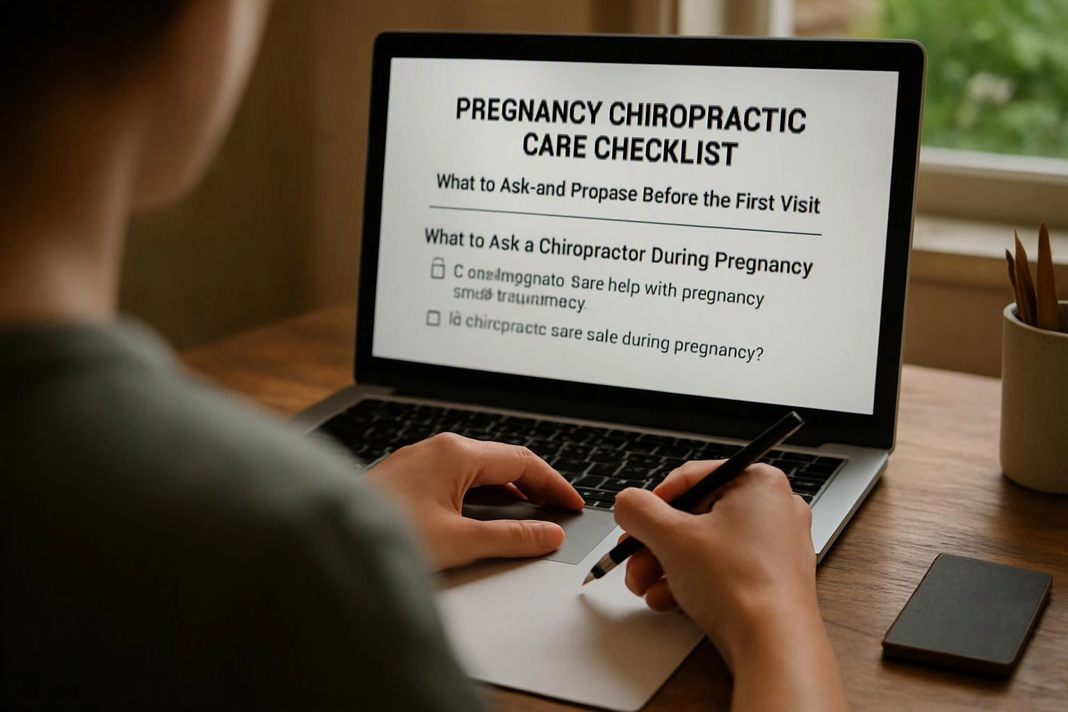 A person writes beside a laptop showing a pregnancy chiropractic care checklist on a wooden desk