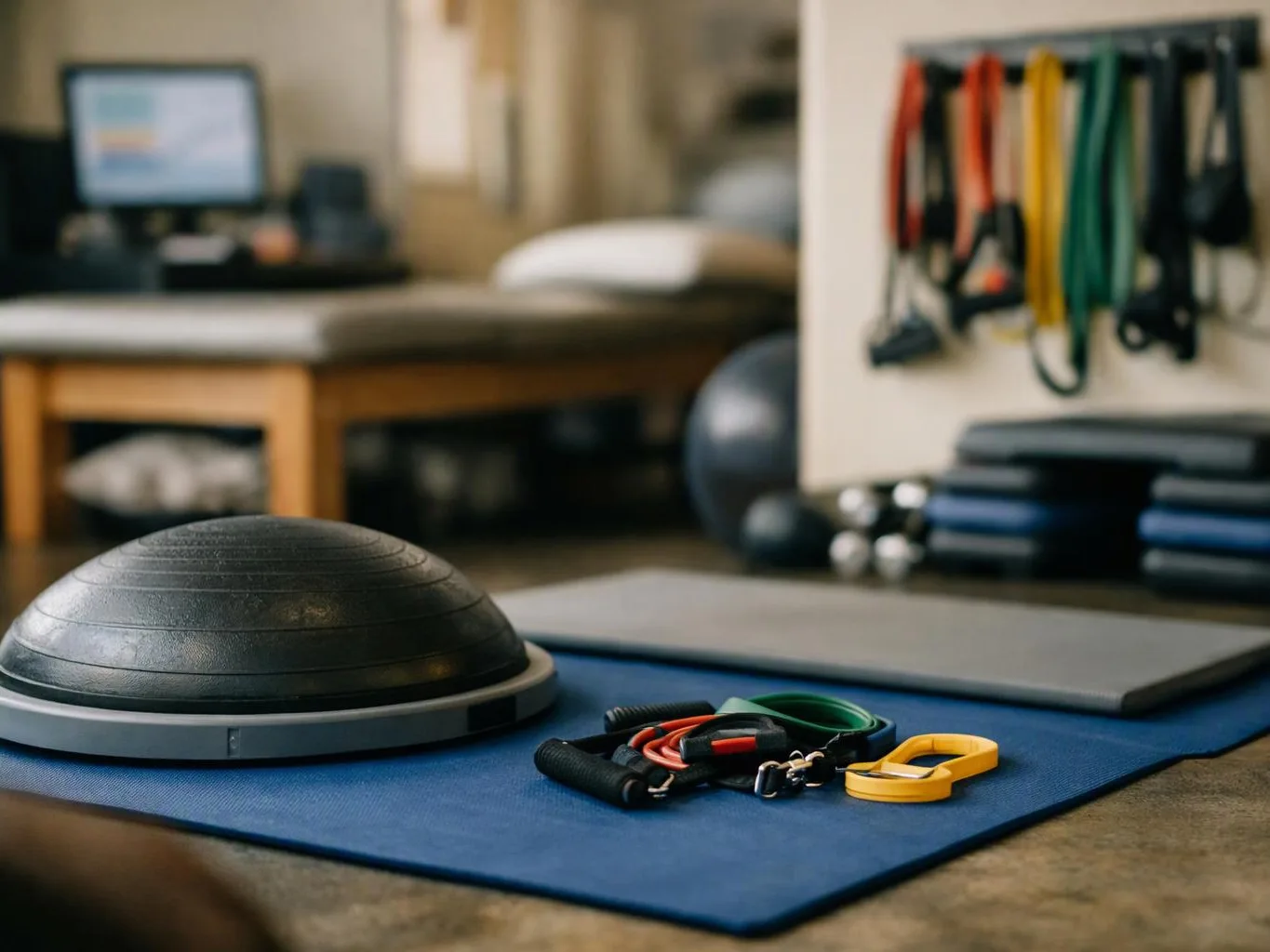 A balance dome and resistance bands rest on a blue mat in a gym with exercise equipment behind them