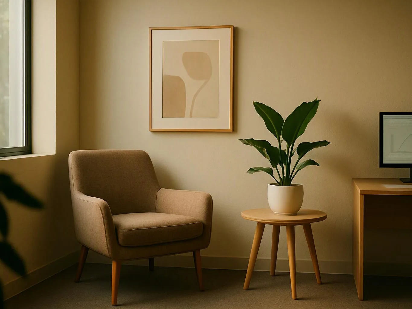 A beige armchair sits beside a small table with a potted plant in a calm, sunlit room