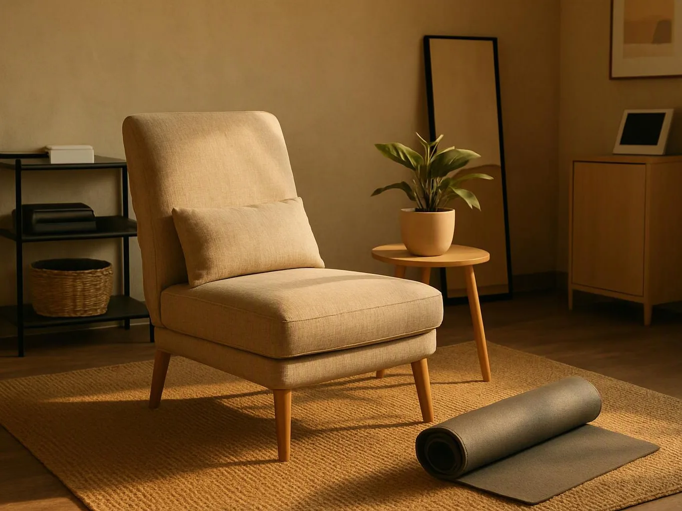A beige armchair sits on a woven rug beside a small table with a potted plant in a warm room