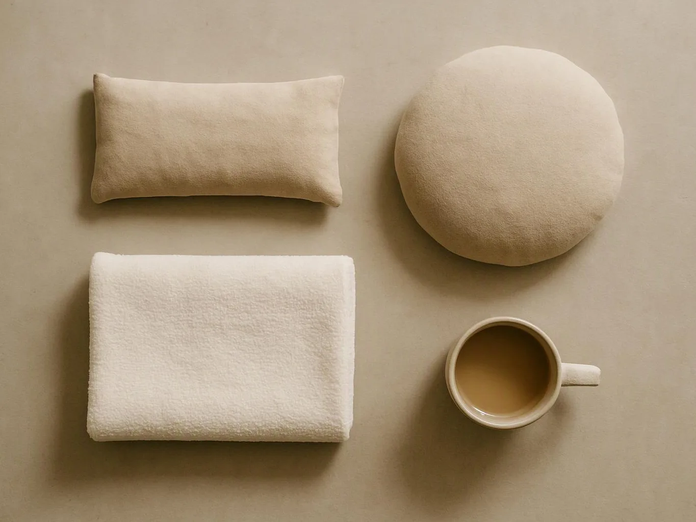 A beige pillow, round cushion, folded white towel, and coffee cup sit on a plain tan surface