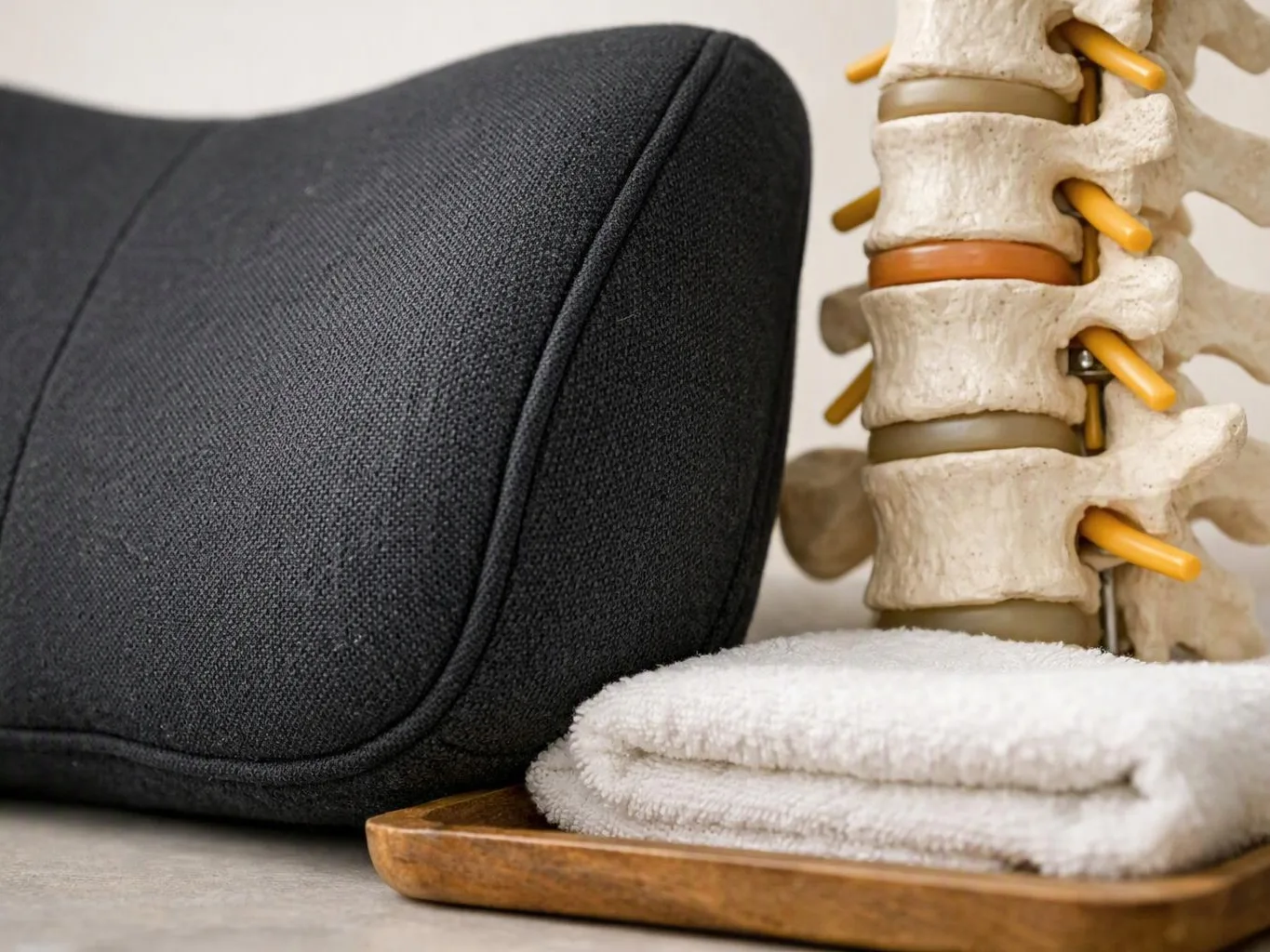A black cushion sits beside a spine model and folded white towels on a wooden tray