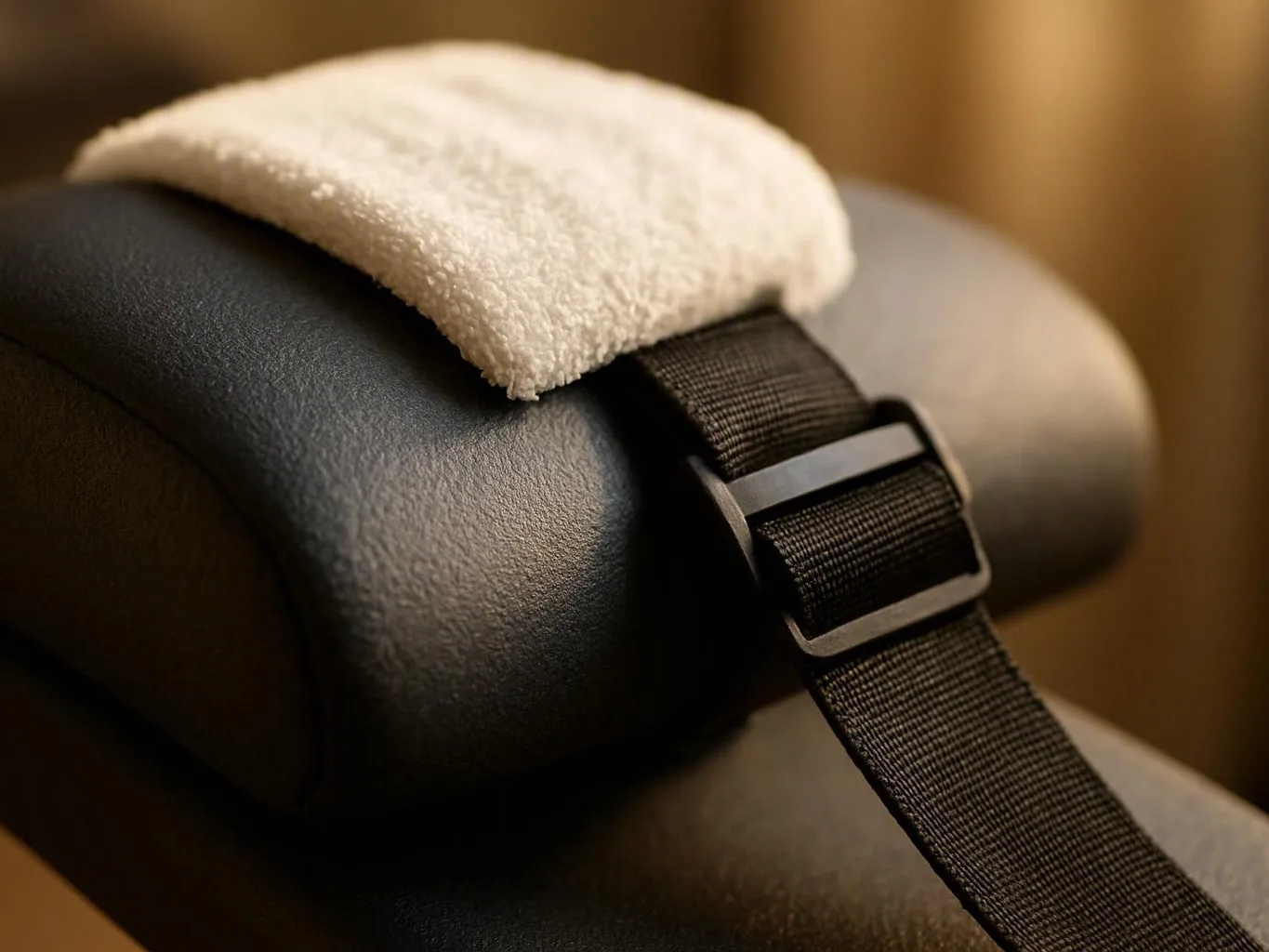 A black padded cushion with a white towel draped over it, held by a strap and buckle against a warm background
