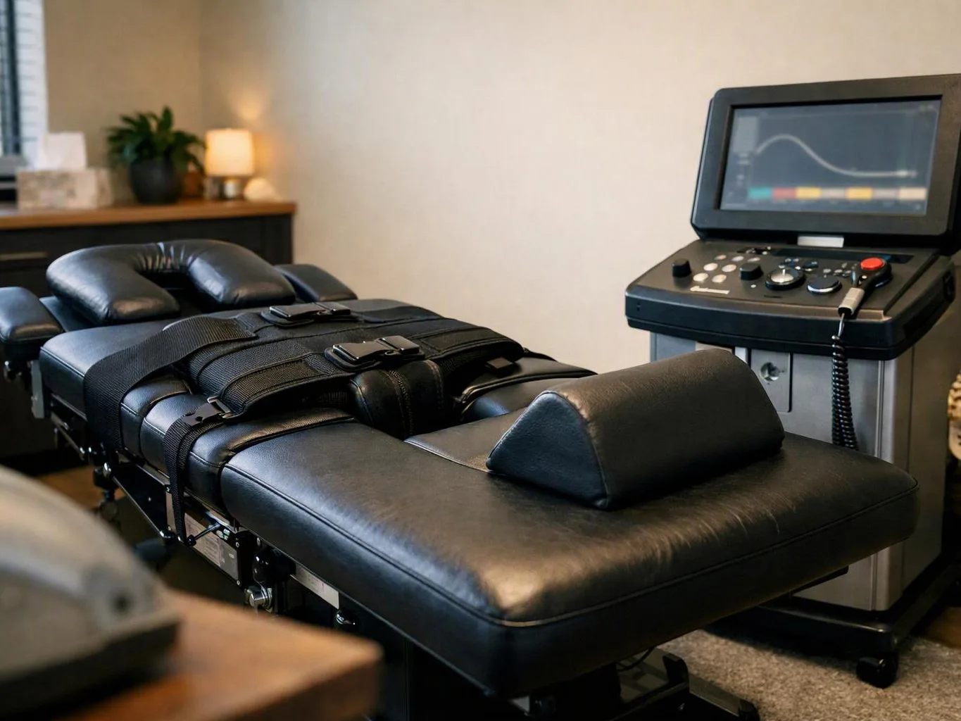A black padded treatment table sits beside a control console in a quiet room