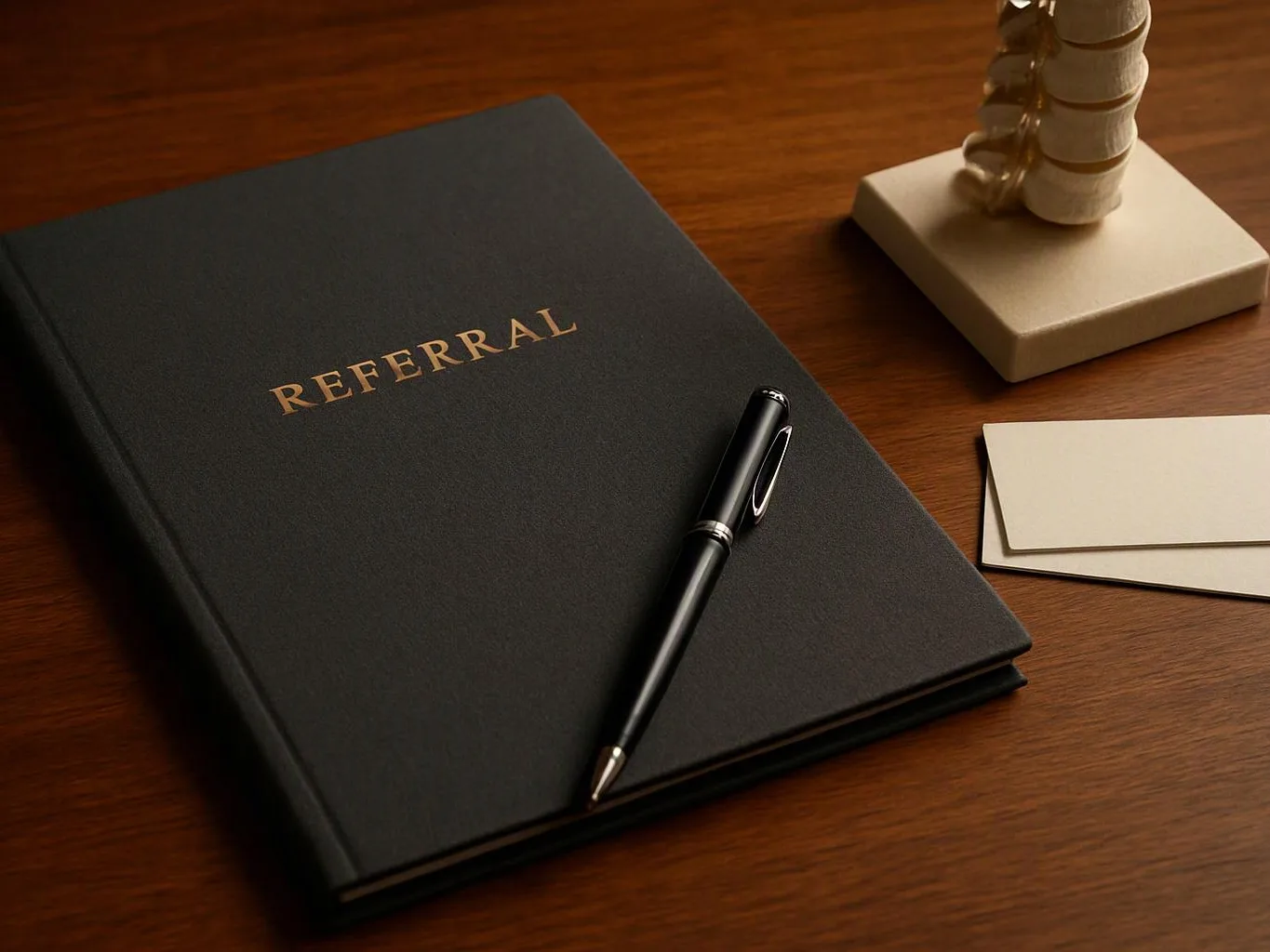 A black referral folder with a pen rests on a wooden desk beside blank cards and a small decorative stack