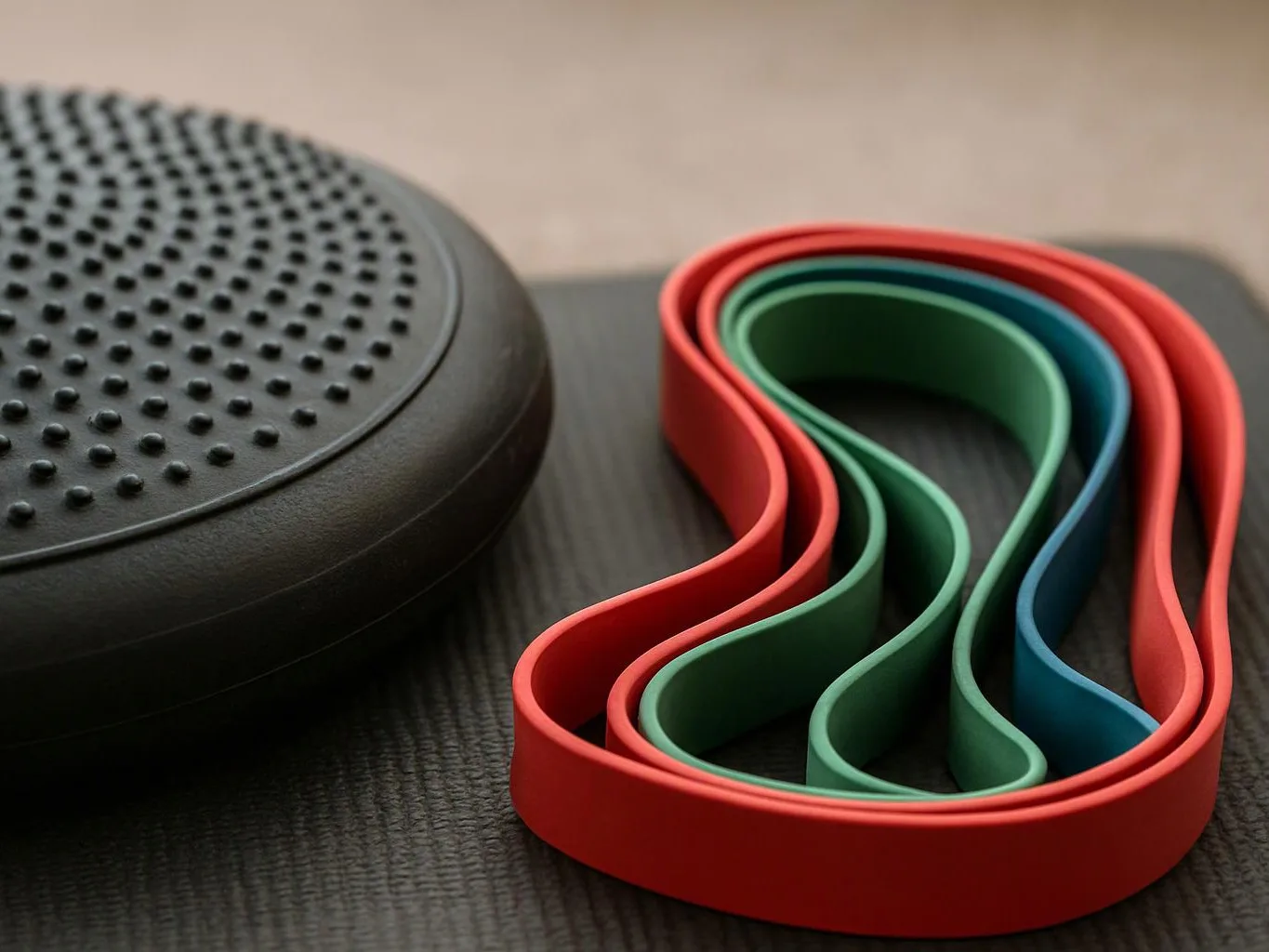 A black textured round pad sits beside stacked red, green, and blue resistance bands on a dark surface