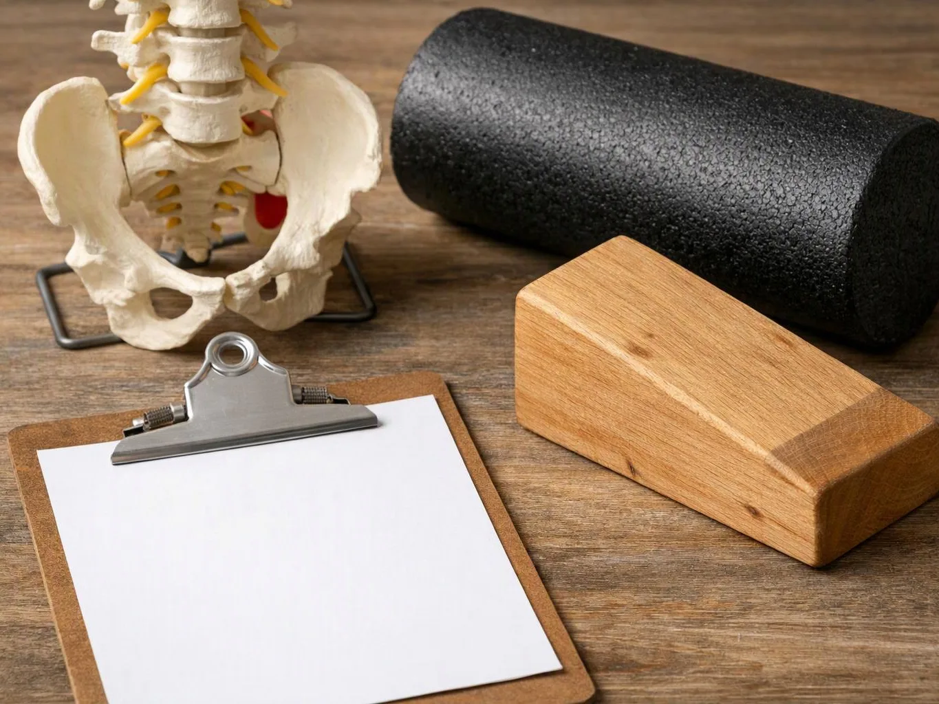 A blank clipboard sits beside a pelvis model, a foam roller, and a wooden block on a table