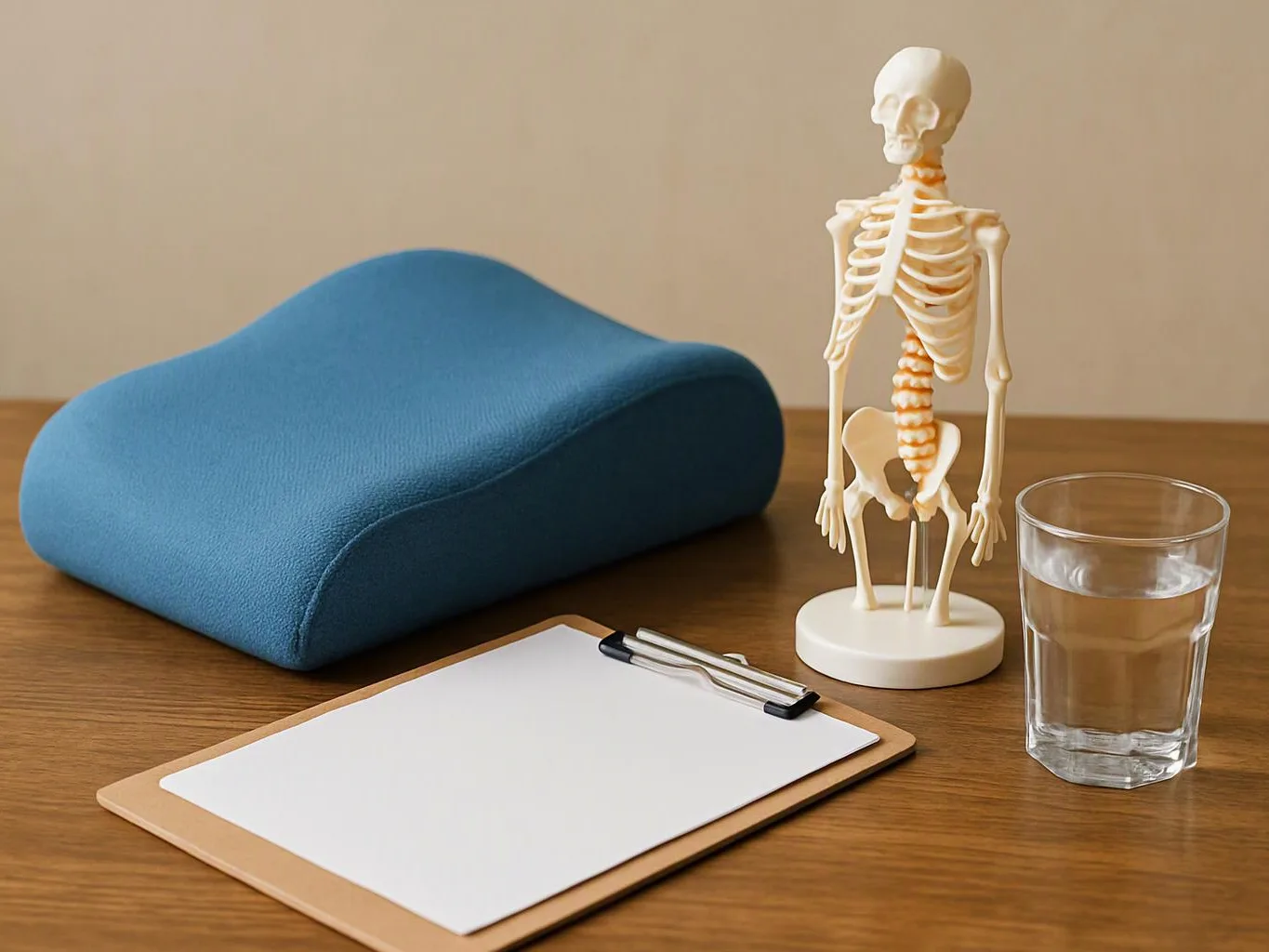 A blue cushion, small skeleton model, clipboard, and glass of water sit on a wooden table