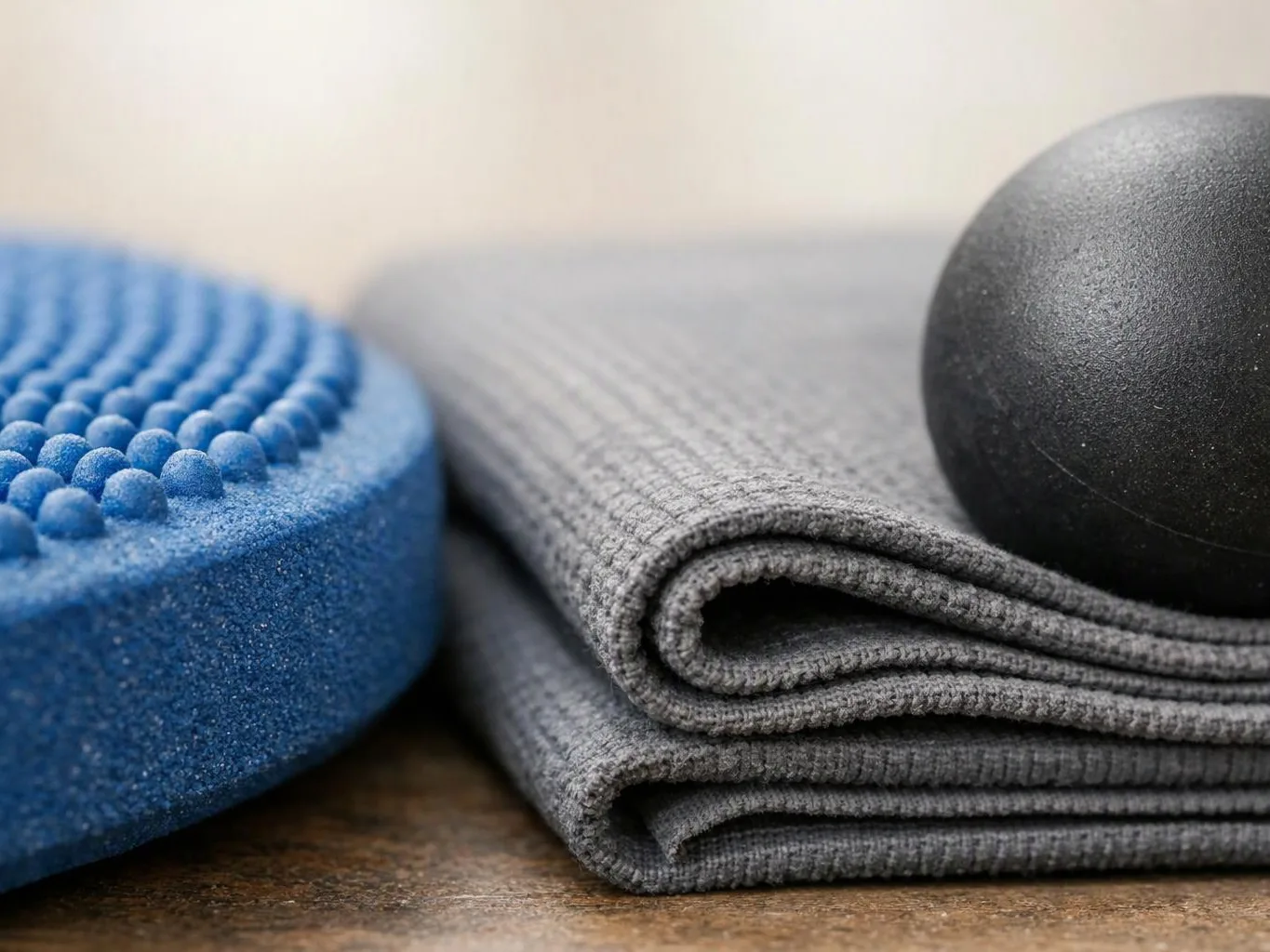 A blue textured foam roller, folded gray towel, and black massage ball rest on a wooden surface