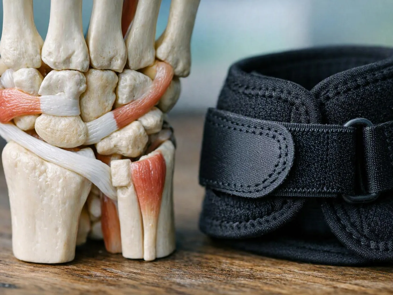 A bone joint model sits beside a black wrist brace on a wooden surface