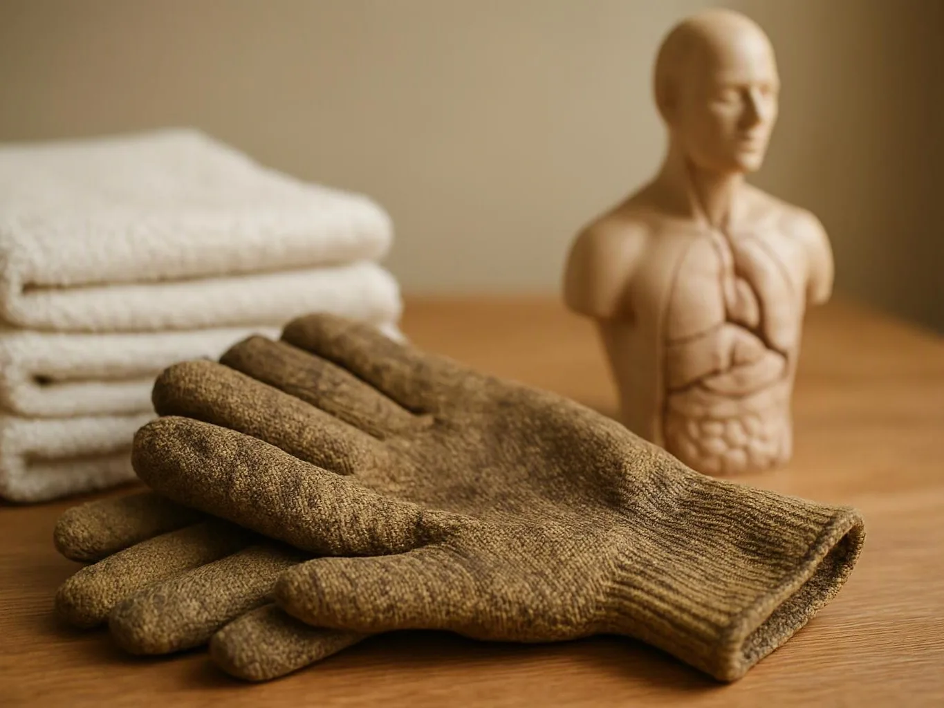 A brown work glove lies beside folded white towels and a torso-shaped anatomy model on a wooden table
