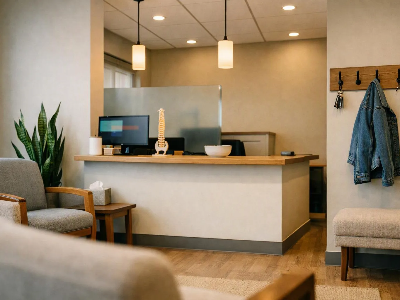 A calm reception area shows a wooden desk, chairs, a potted plant, and a denim jacket on hooks