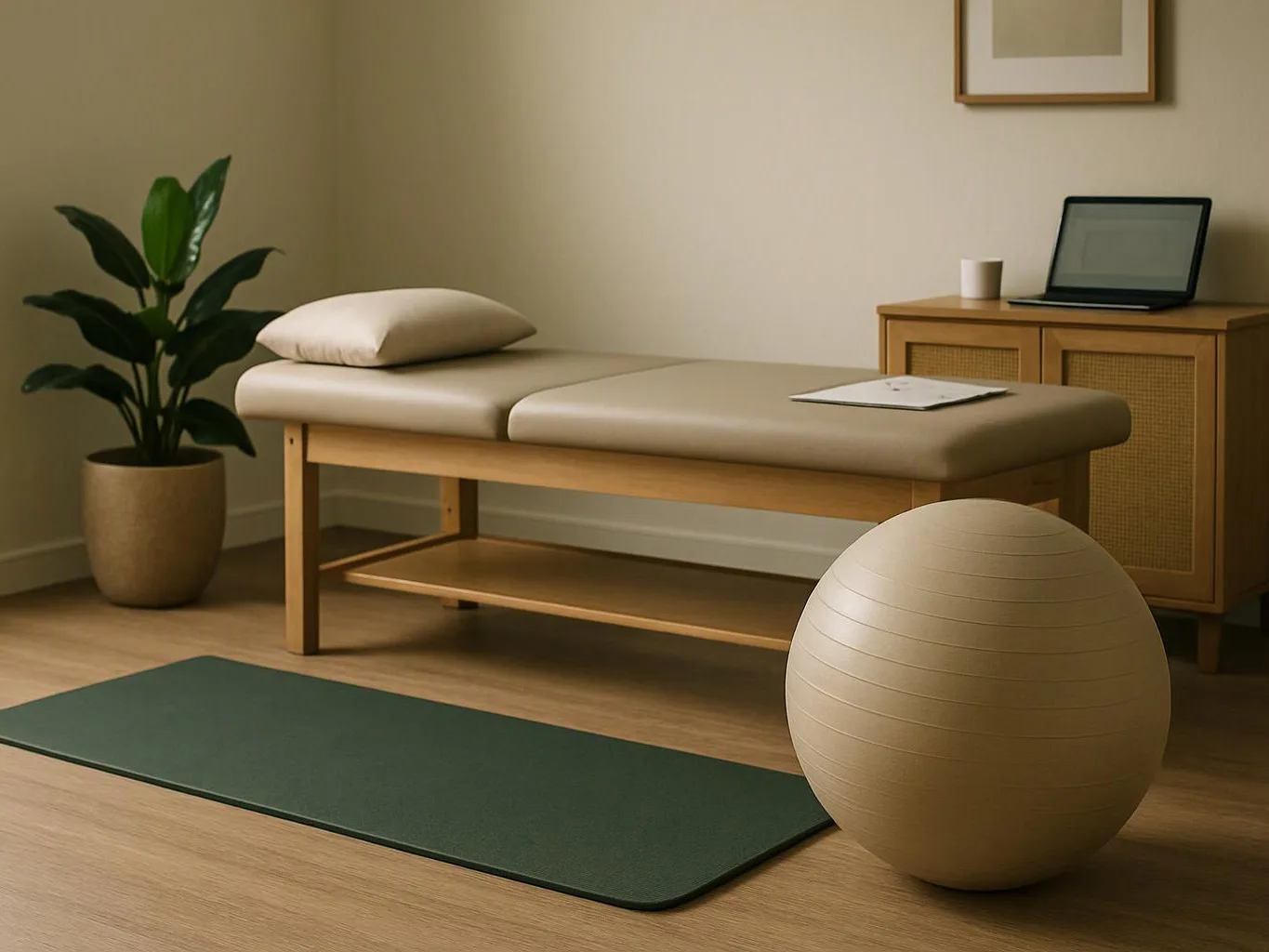 A calm treatment room shows a massage table, yoga mat, exercise ball, plant, and a laptop on a cabinet