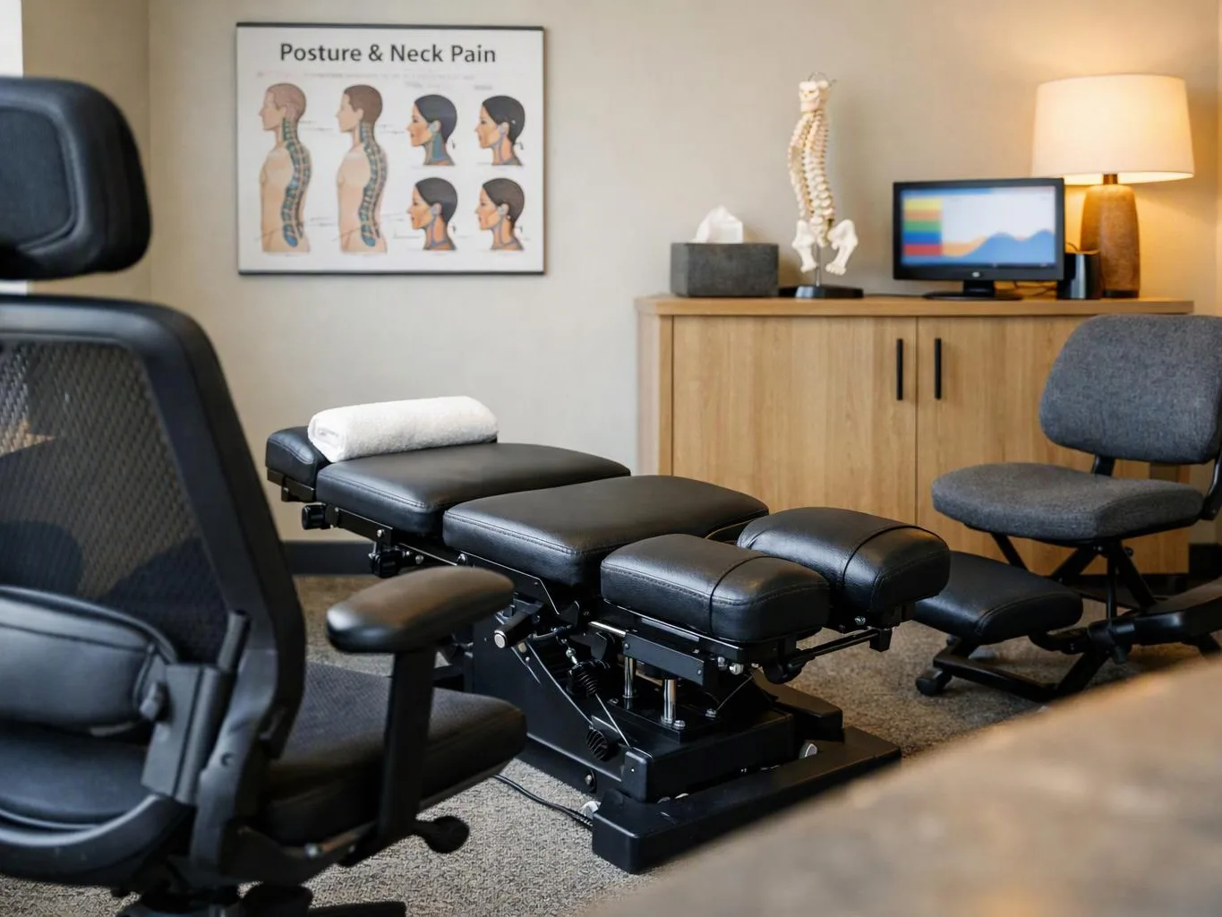 A chiropractic exam room shows an adjustment table, chairs, a posture chart, and a lamp on a cabinet