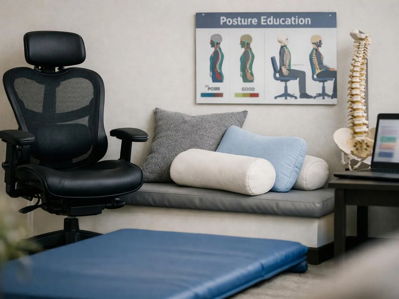 A chiropractic office shows an ergonomic chair, posture poster, spine model, and treatment table with cushions