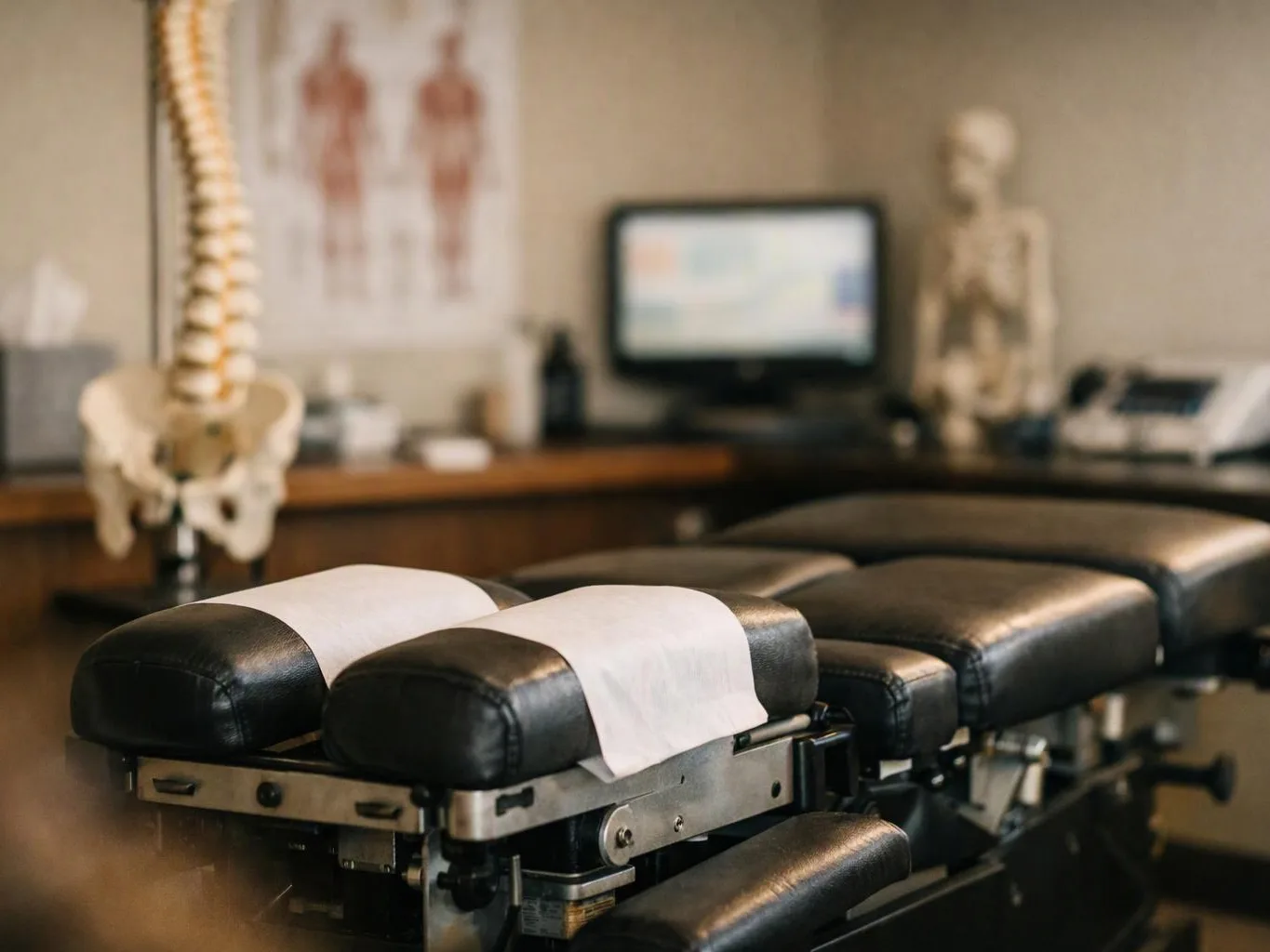 A chiropractic table sits in a clinic room, with skeleton models, a spine poster, and a monitor in the background