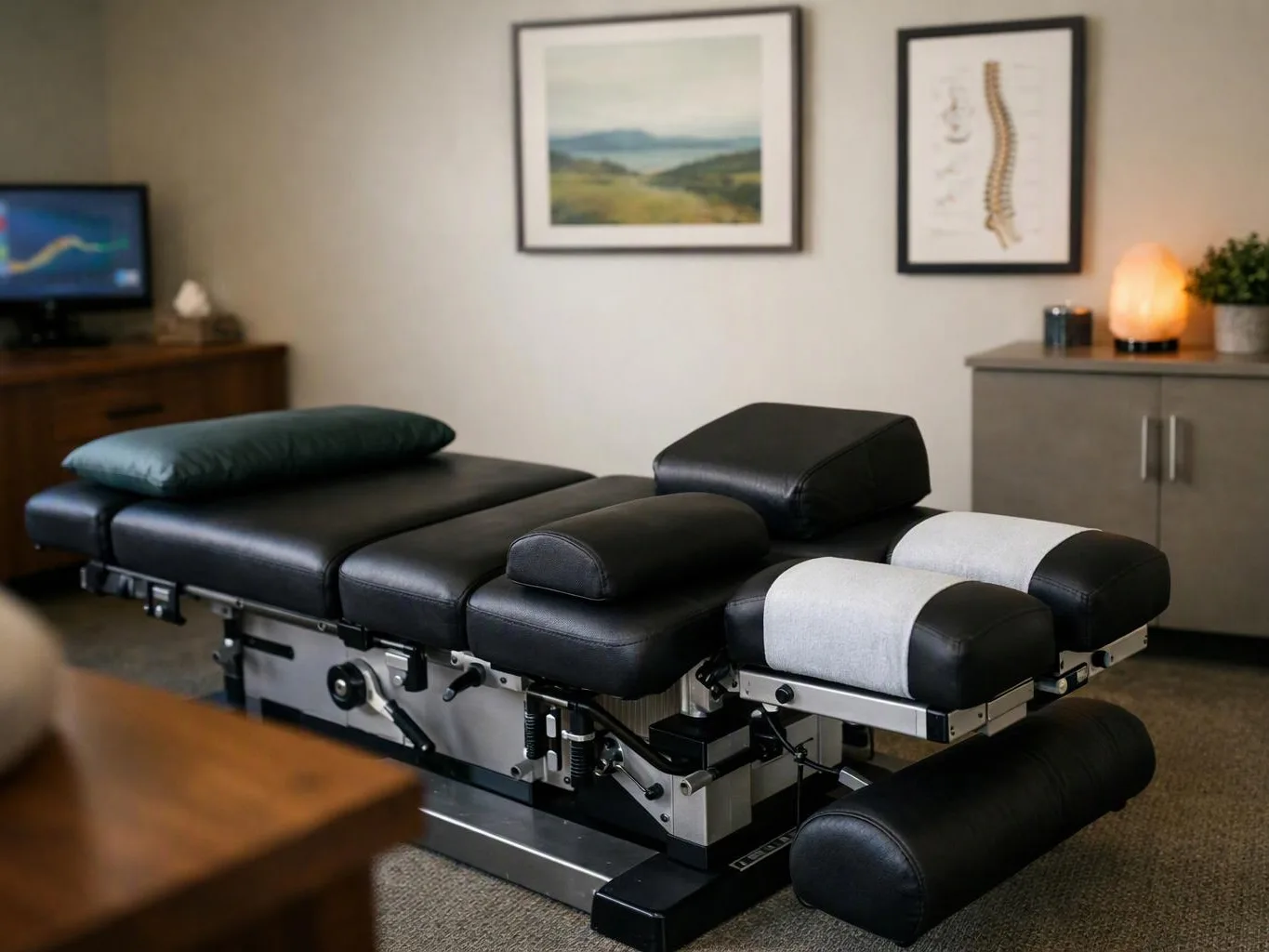 A chiropractic treatment table sits in a quiet exam room with framed wall art and a glowing lamp