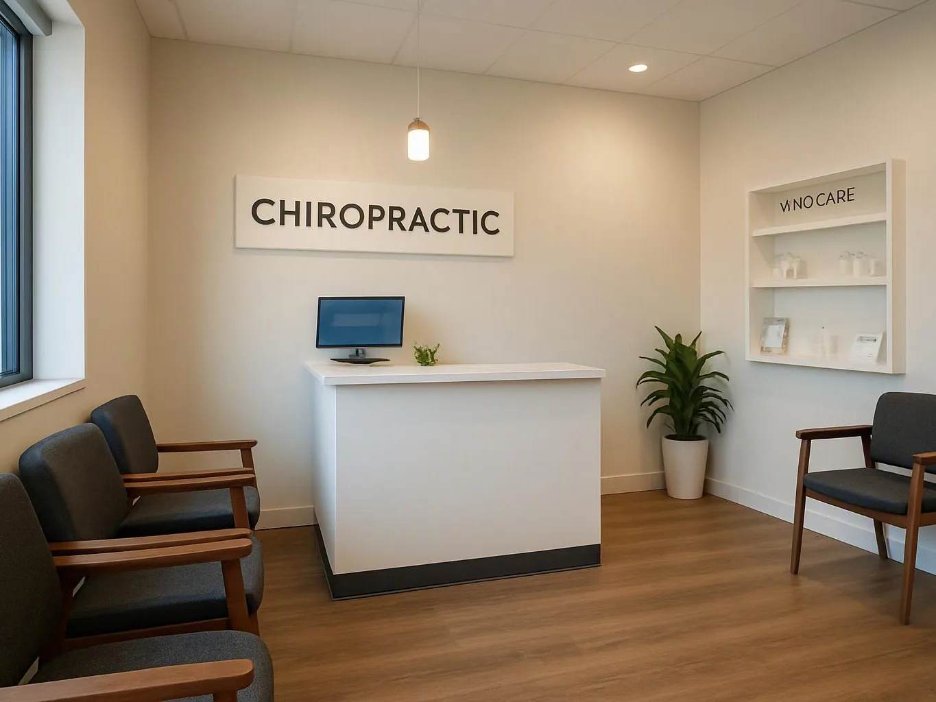 A clean waiting room shows a white counter, dark chairs, a potted plant, and a wall sign reading “CHIROPRACTIC”