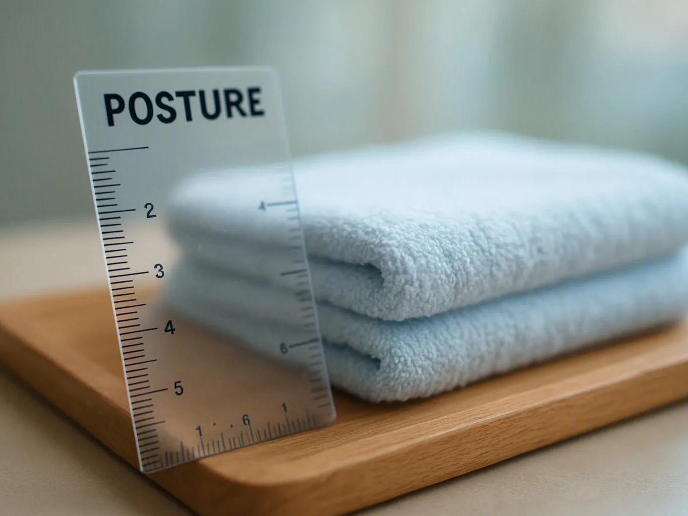A clear ruler marked POSTURE stands beside folded blue towels on a wooden board