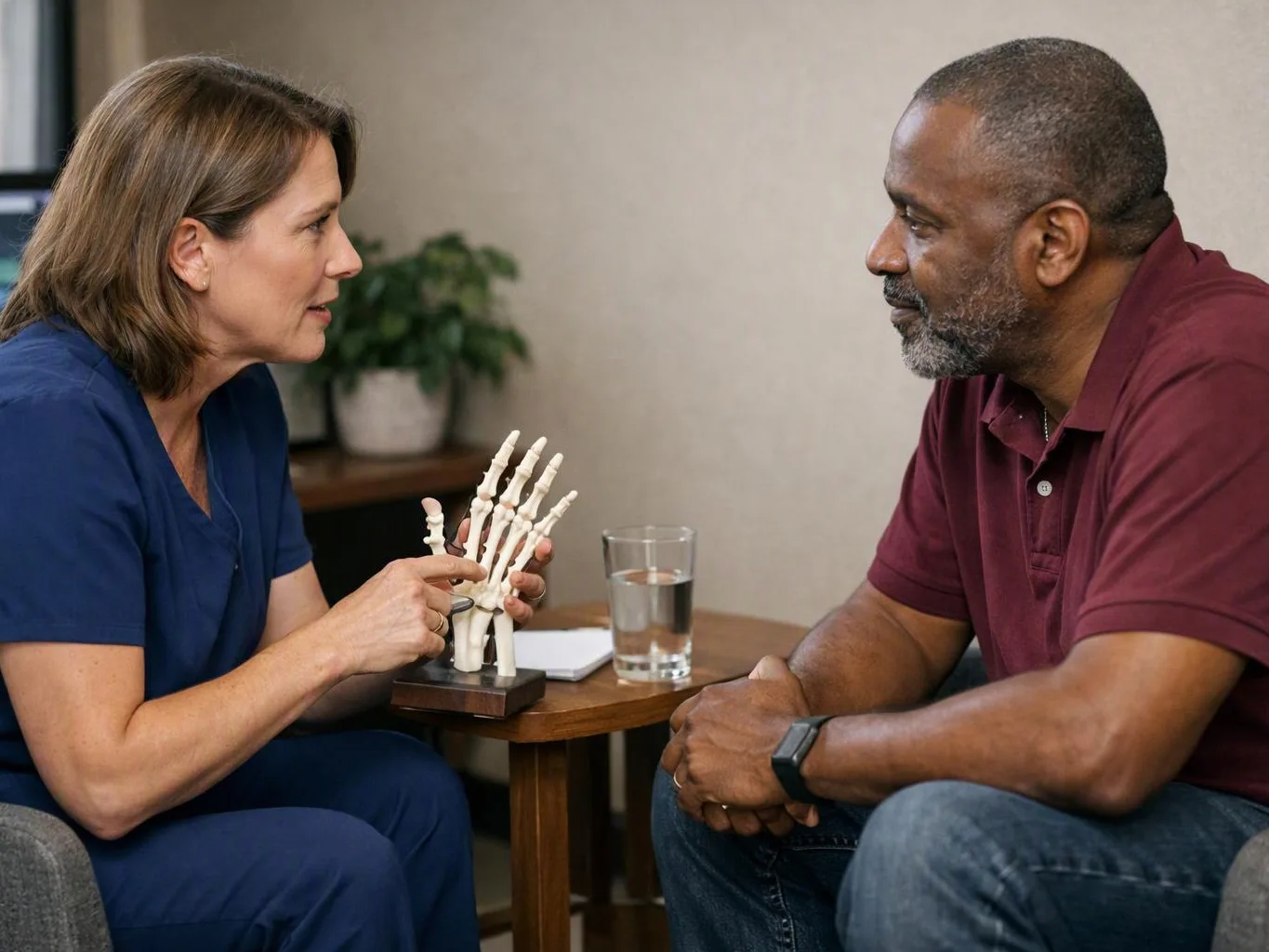A clinician in blue scrubs shows a hand skeleton model to a seated man during a consultation