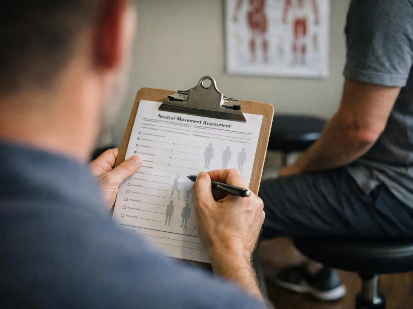 A clinician writes on a clipboard assessment form while another person sits on a stool in a room with anatomy posters