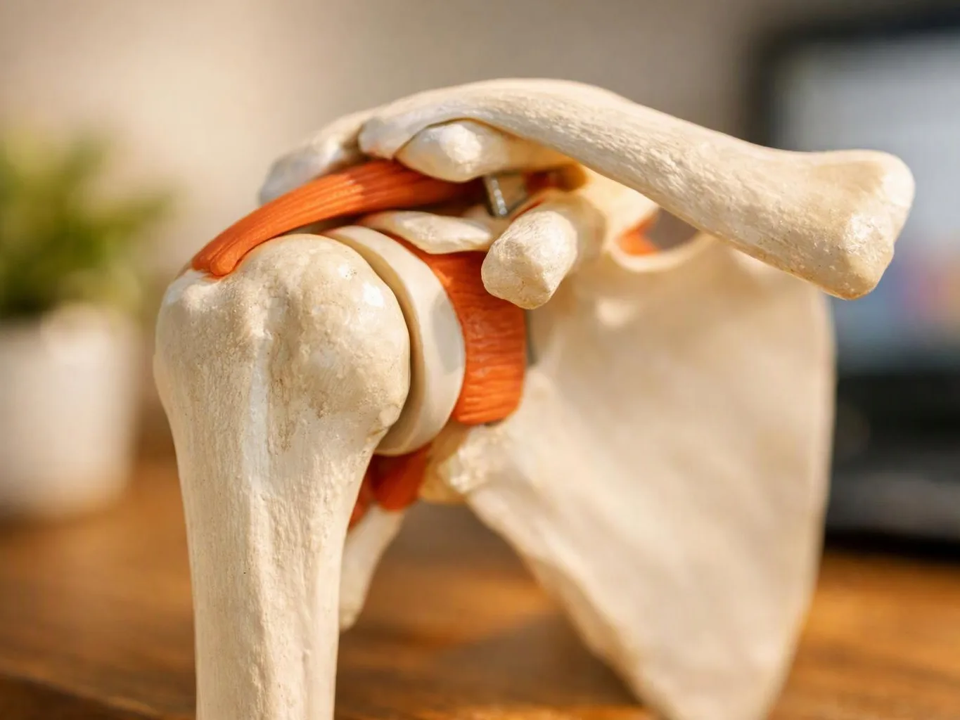 A close-up anatomical model shows a shoulder joint with bones and orange ligaments on a wooden surface