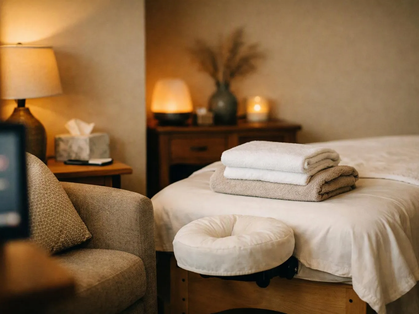 Cozy bedroom with a neatly made bed, folded towels, soft lamps, and a chair beside a side table