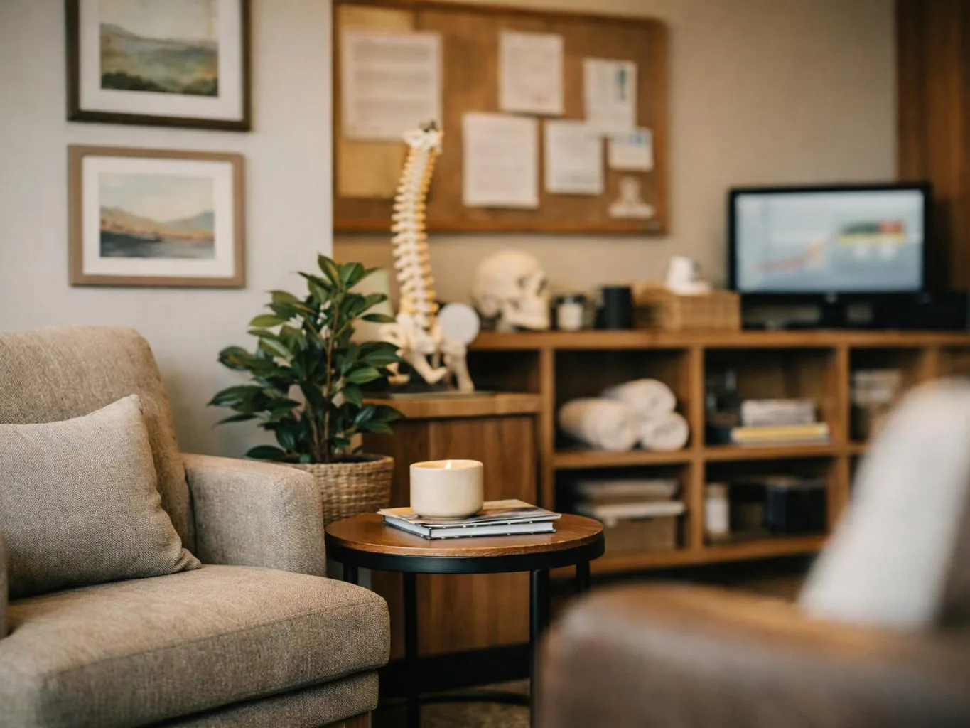 A cozy waiting room shows a beige armchair, small table with a candle, and wooden shelves with decor