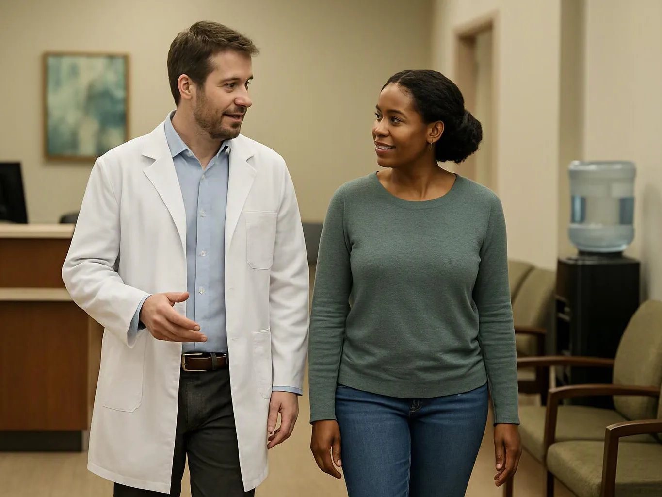 A doctor in a white coat walks beside a woman in a clinic waiting room and talks with her