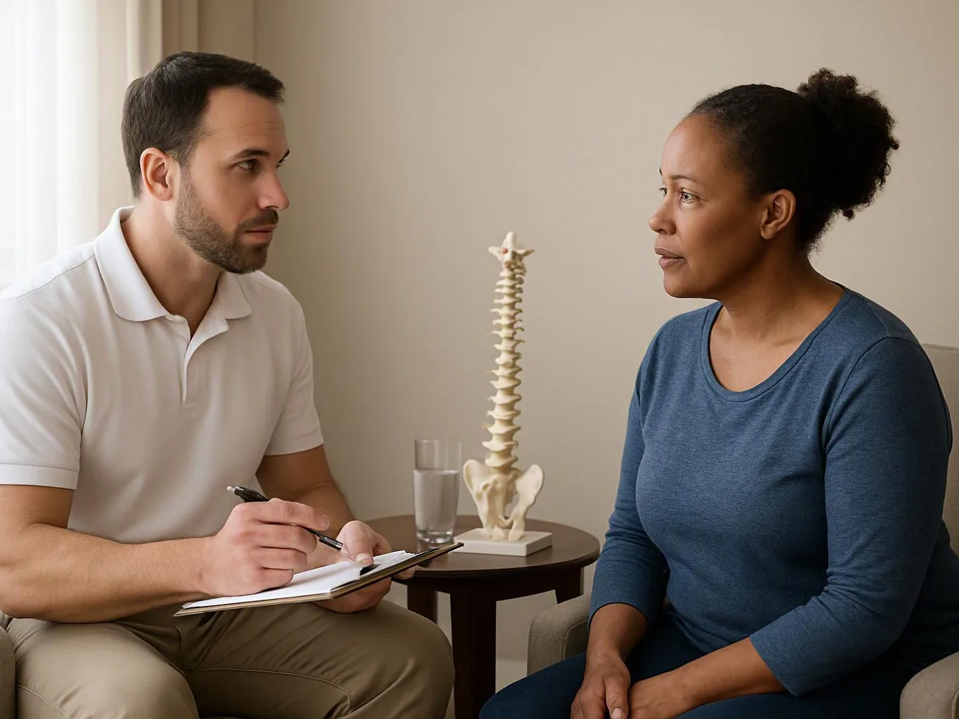 A doctor writes on a clipboard while speaking with a seated woman beside a spine model and water glass
