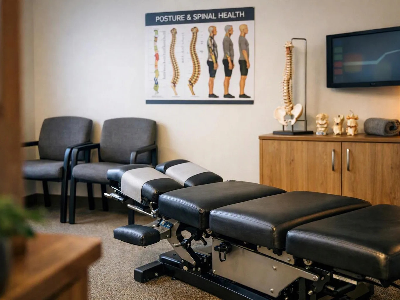 An empty chiropractic exam room has an adjustable treatment table, gray chairs, spine posters, and a wall screen