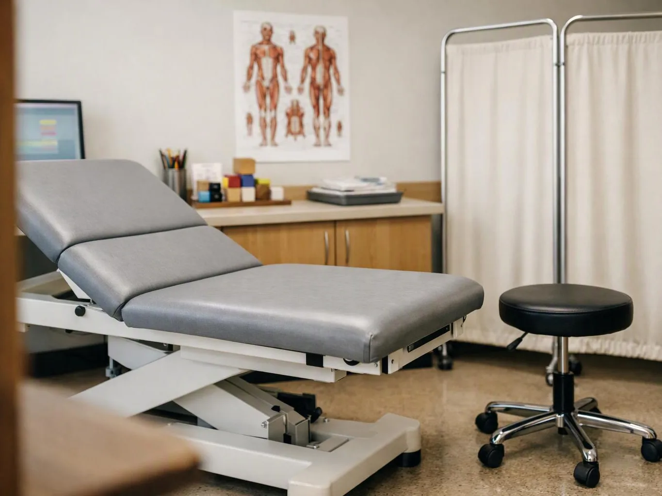 An empty examination room shows a gray medical table, a rolling stool, and a body anatomy poster on the wall