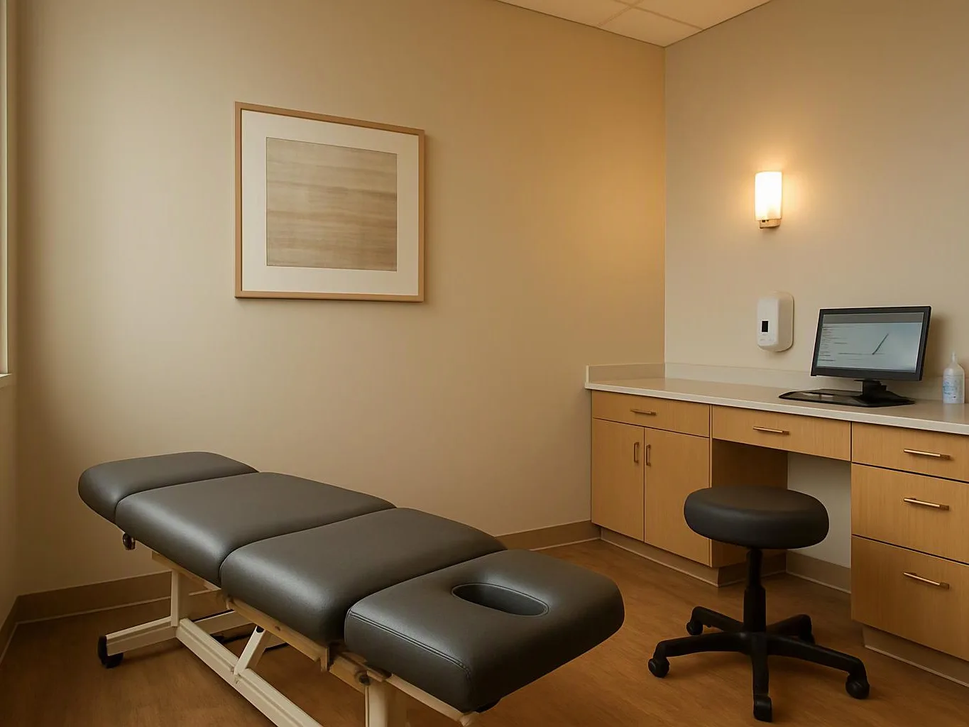 An empty medical exam room shows a padded treatment table, desk, rolling stool, wall art, and soft lighting