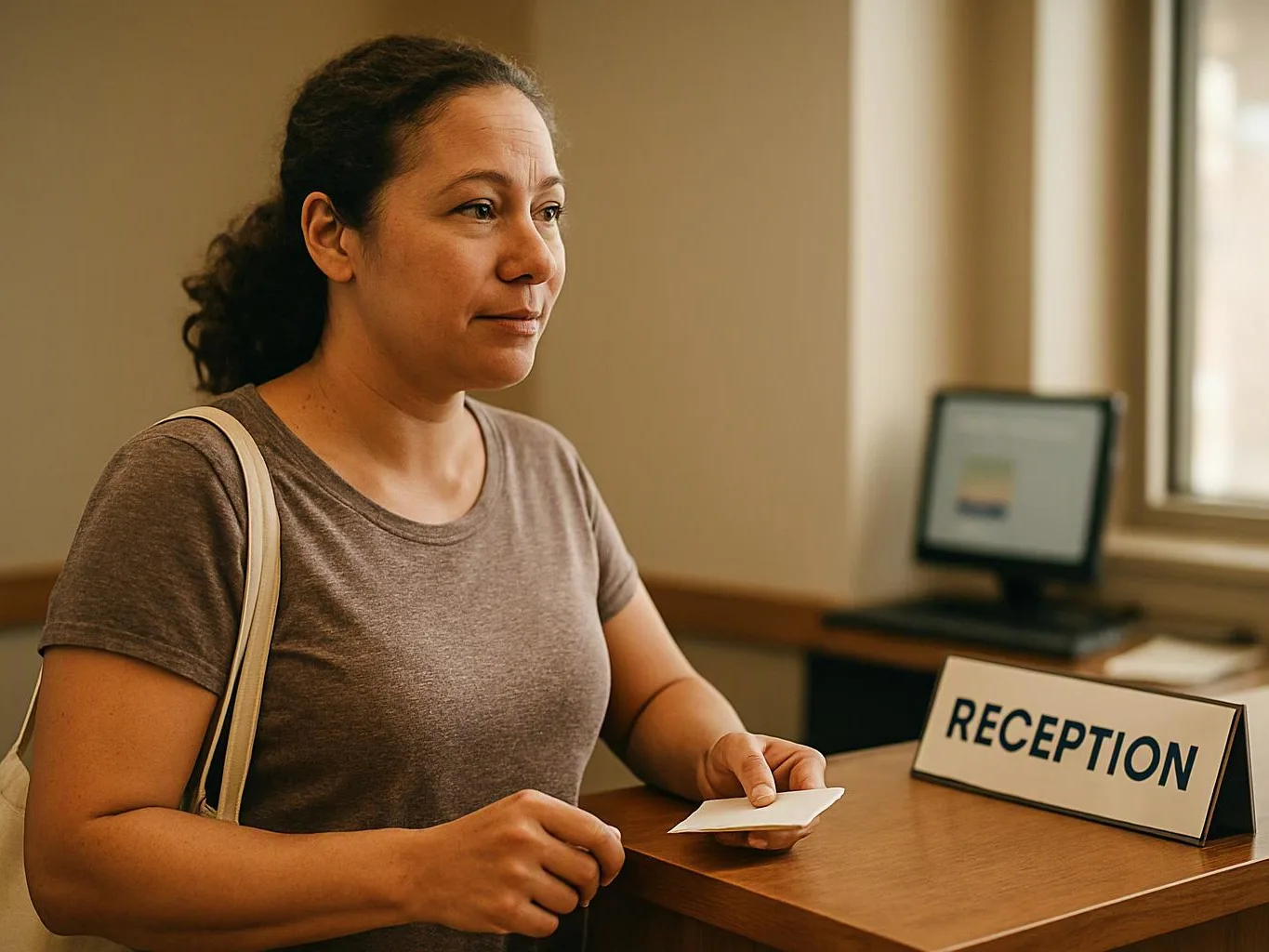 Woman stands at a reception desk holding a card, with a monitor and a reception sign behind her