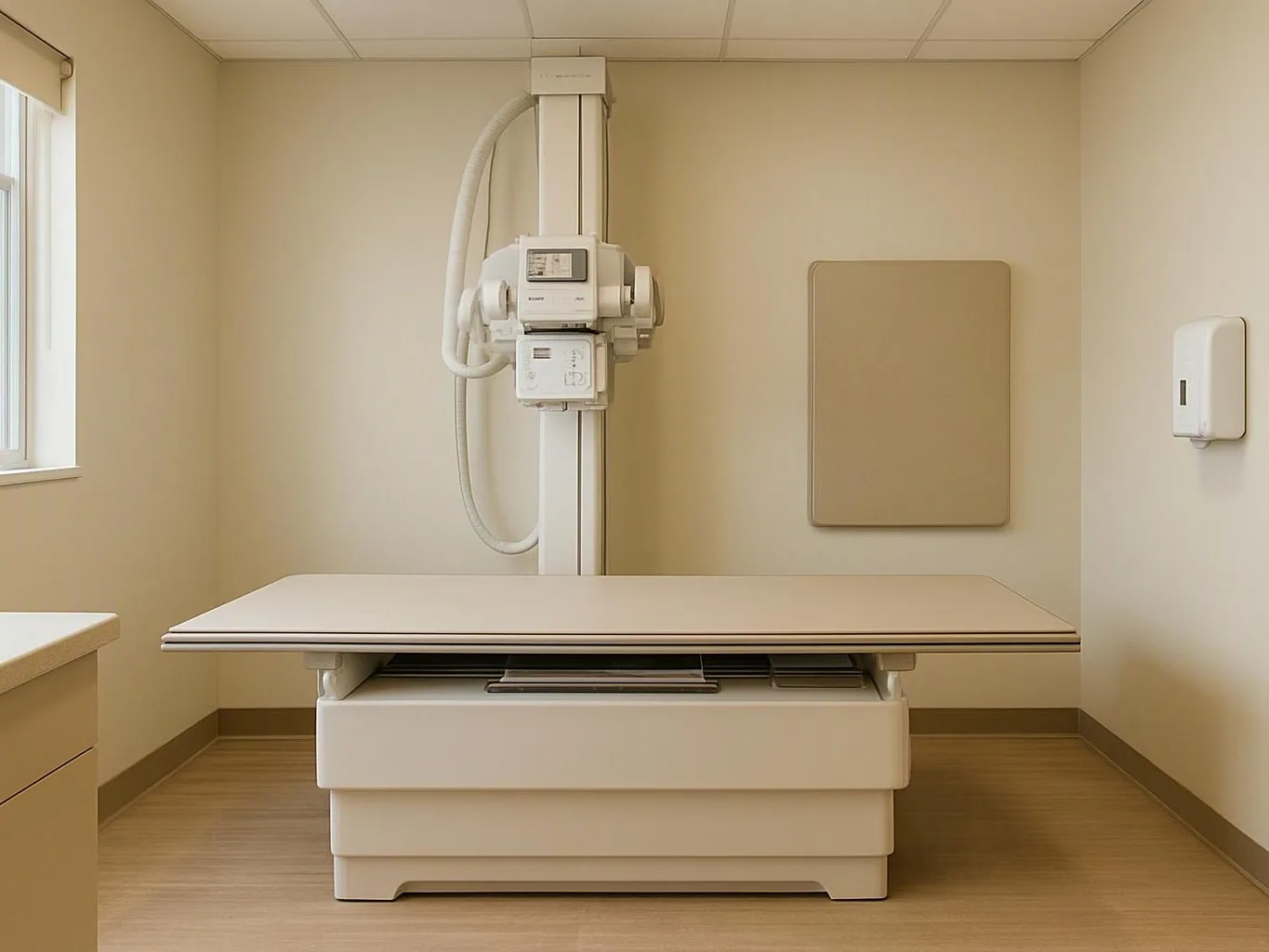 An empty X-ray room shows a medical imaging table beneath a vertical scanner and beige walls