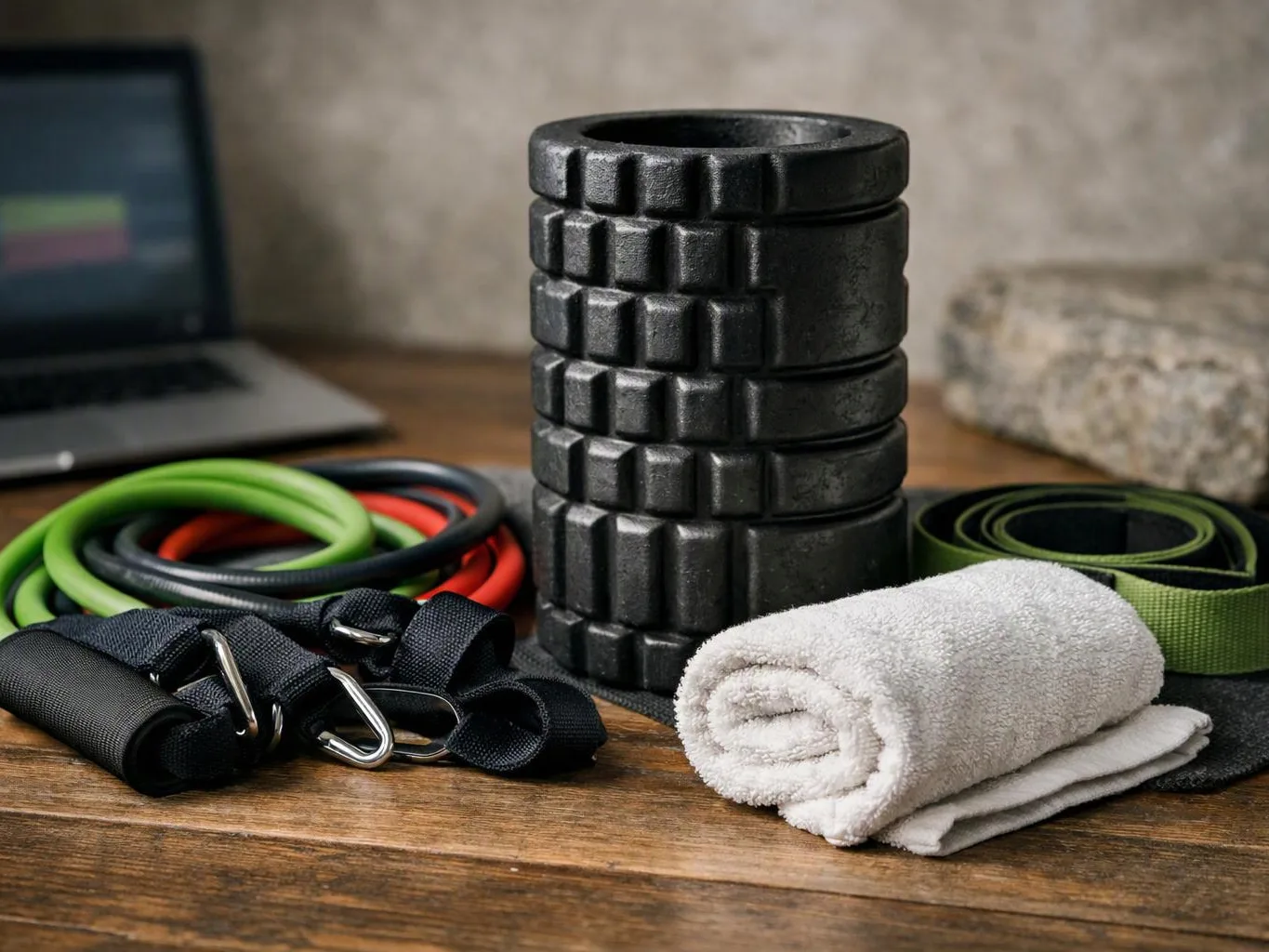 Fitness gear, resistance bands, straps, a foam roller, and rolled towels sit on a wooden table beside a laptop