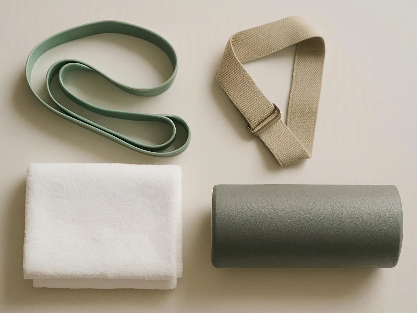 A flat lay shows two yoga straps, a folded white towel, and a rolled gray mat on a beige surface