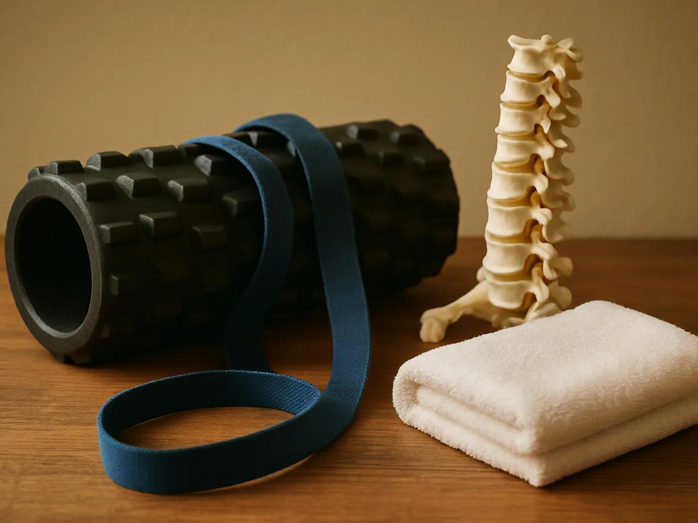 A foam roller, blue strap, spine model, and folded towel sit on a wooden table