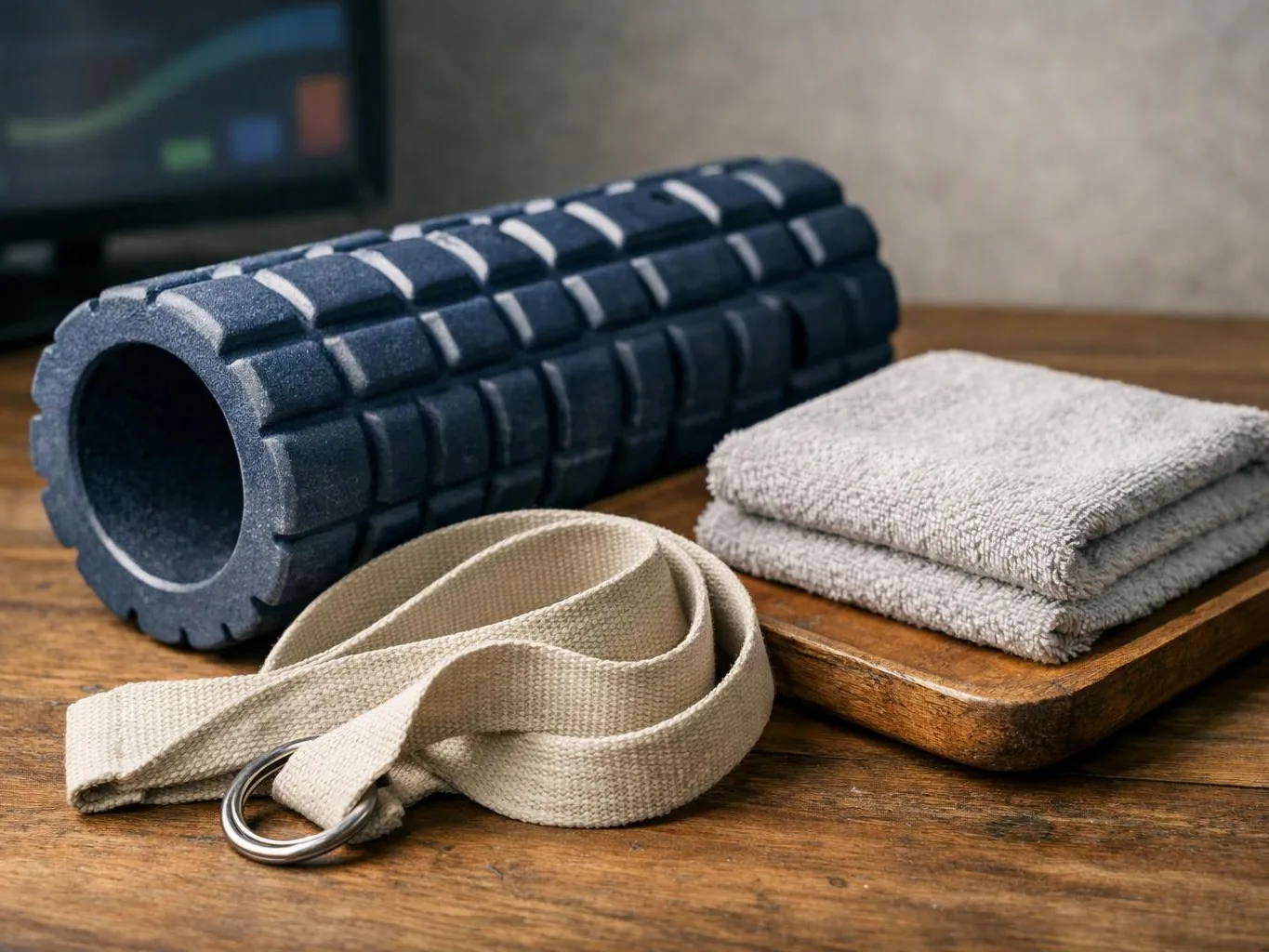 A foam roller, folded towels, and a canvas strap sit on a wooden table