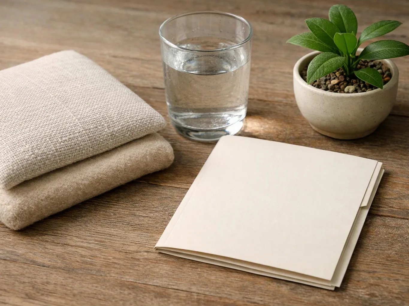 A folded beige cloth, a glass of water, a small potted plant, and blank cards sit on a wooden table