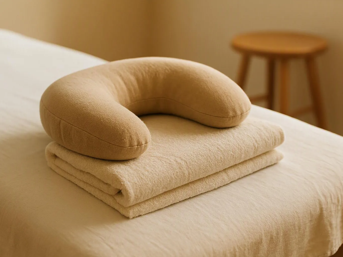 A folded beige towel and matching neck pillow rest on a bed beside a wooden stool