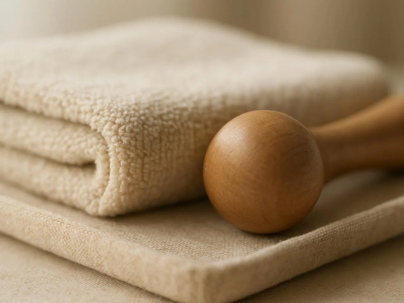 Folded beige towels stacked beside a wooden massage tool on a soft surface