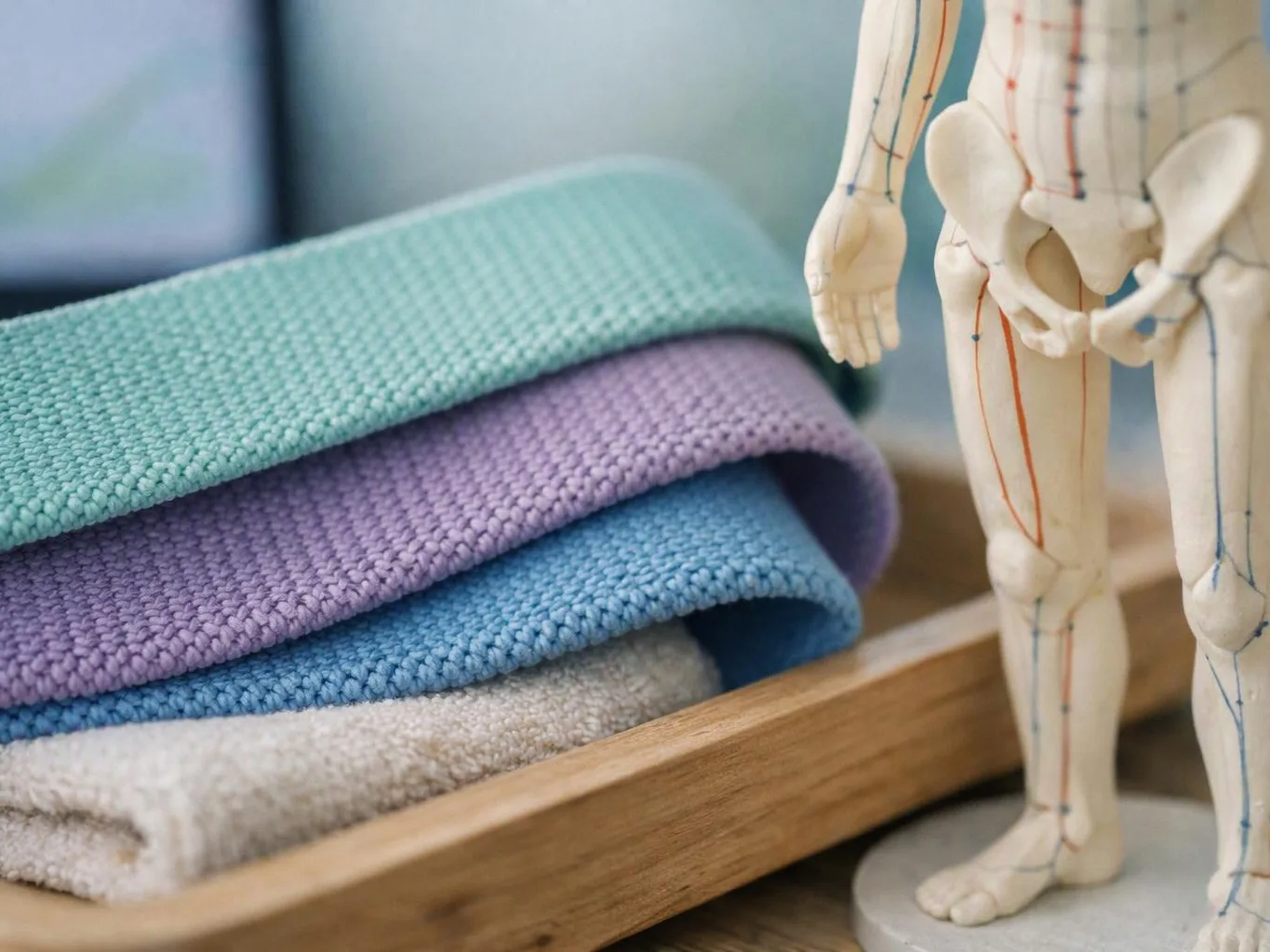Folded pastel towels sit in a wooden tray beside a small anatomical model of a standing body